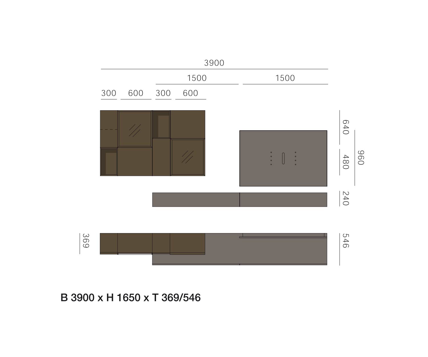 Livitalia Design wandmeubel C39 Schets Afmetingen Maatspecificaties