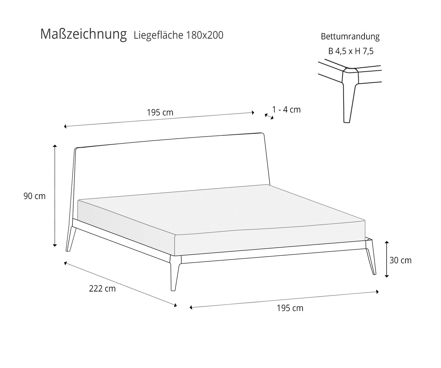 Größenangaben Skizze Novamobili Designer Bett Siri 180x200 Liegefläche Matratze