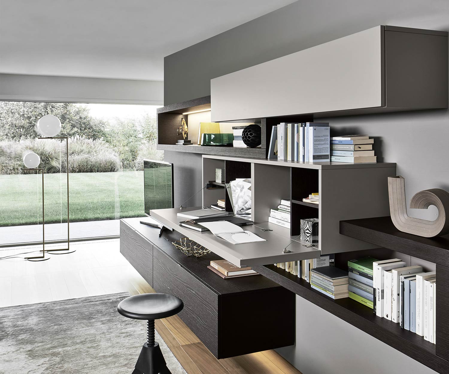 Moderne Livitalia Design Wohnwand C27 mit Beleuchtung m Hängeschrank
