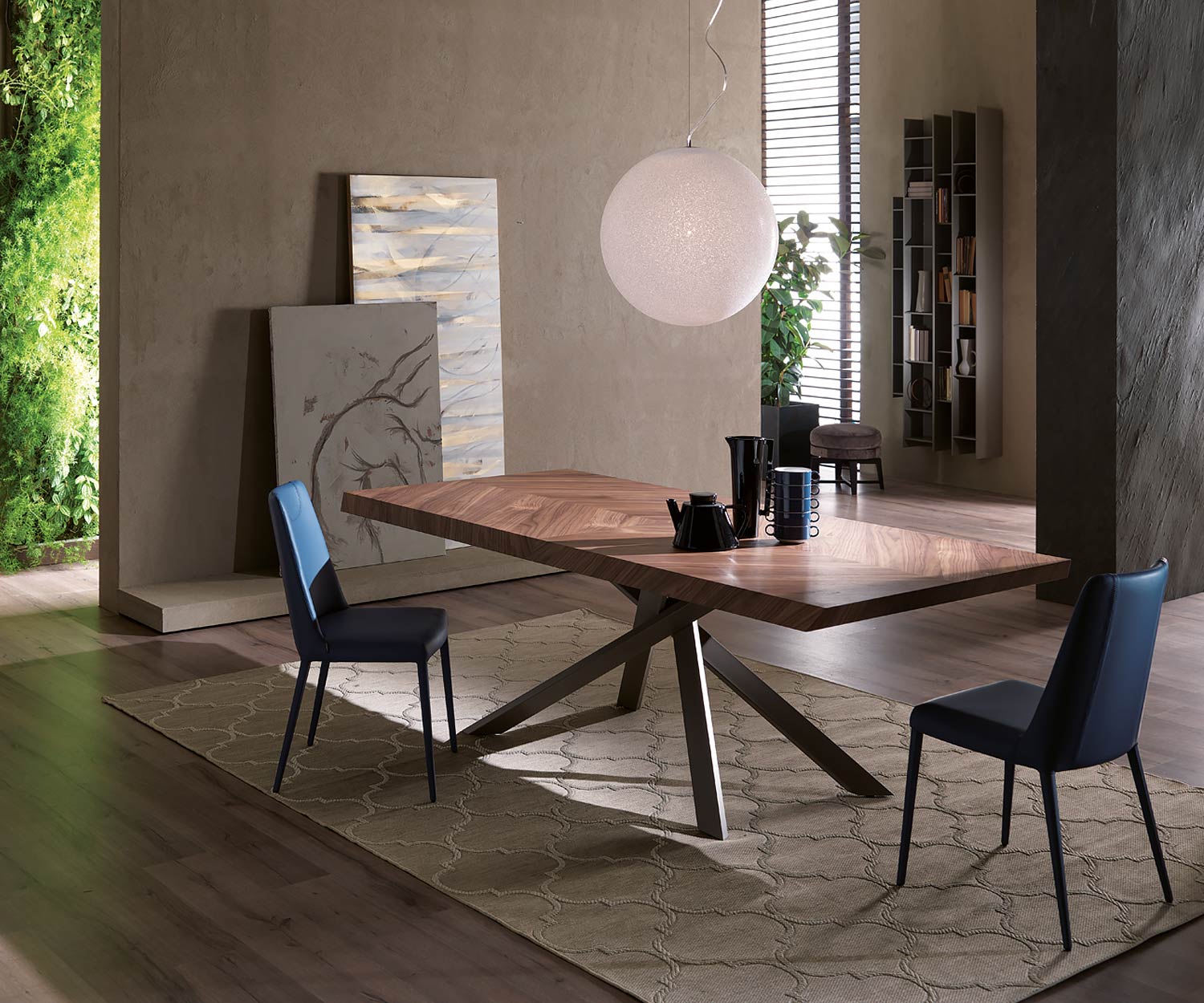 Ozzio 4x4 Fisso Design Esstisch T241 Tischplatte mi Walnuss Furnier veredelt