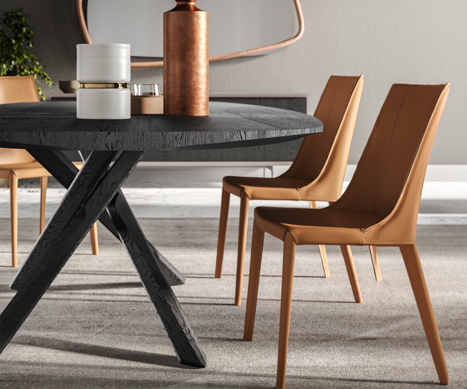 Ozzio_Arizona Fisso T257 Esstisch mit cross kreuz beinen Schwarz Holz Eiche