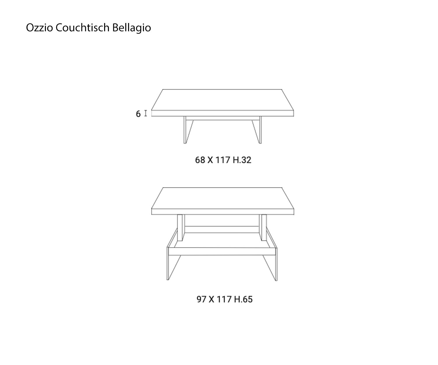 Skizze Designer Couchtisch Bellagio von Ozzio Maße Größen Größenangaben