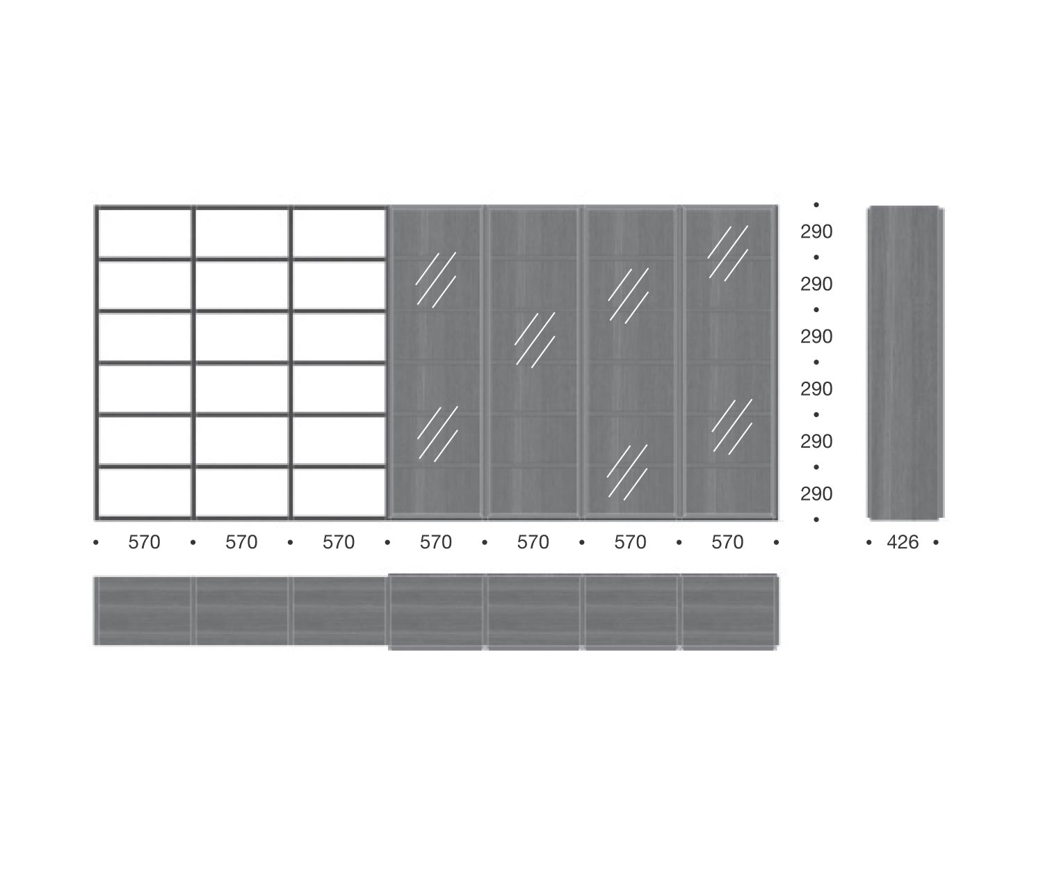 Étagère à livres design Portes en verre Séparation de pièce Dimensions C91 Esquisse Dimensions