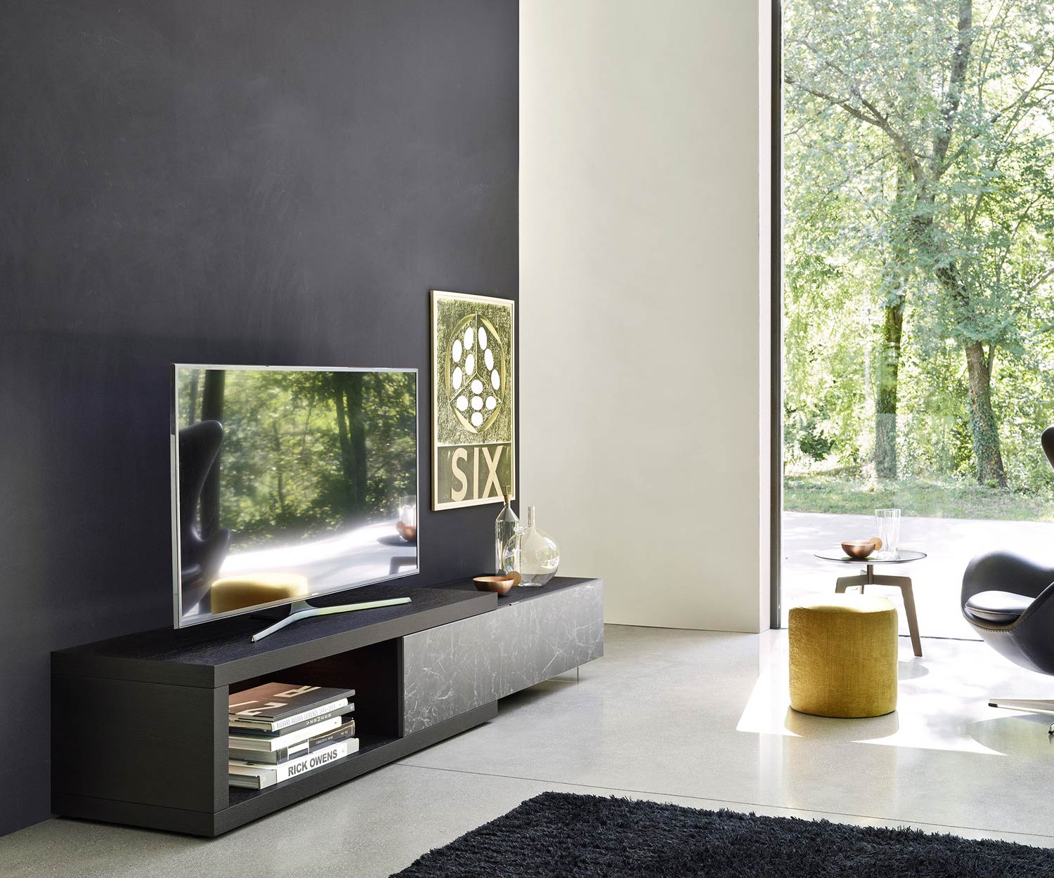 Exklusive Livitalia Design TV Wohnwand C01 für Flachbildfernseher mit Bodenbank und Unterschrank