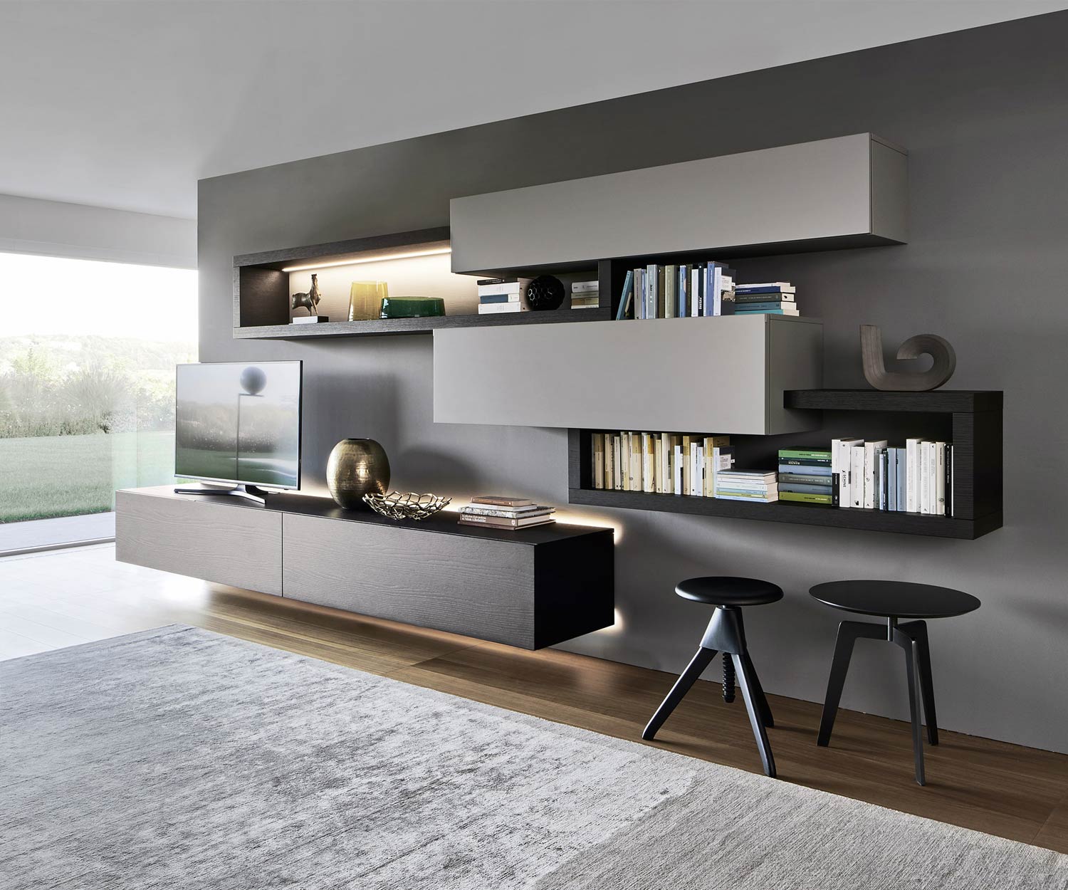 Exklusive Livitalia Design Wohnwand C27 in Eiche furniert und Grau Matt