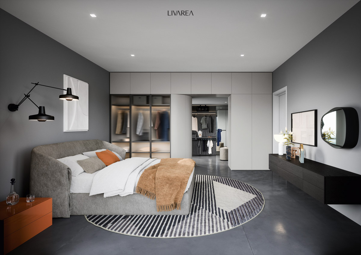 Separates Ankleidezimmer nach Mass in weiss matt und mit gerippten glastueren mit hosenhalter