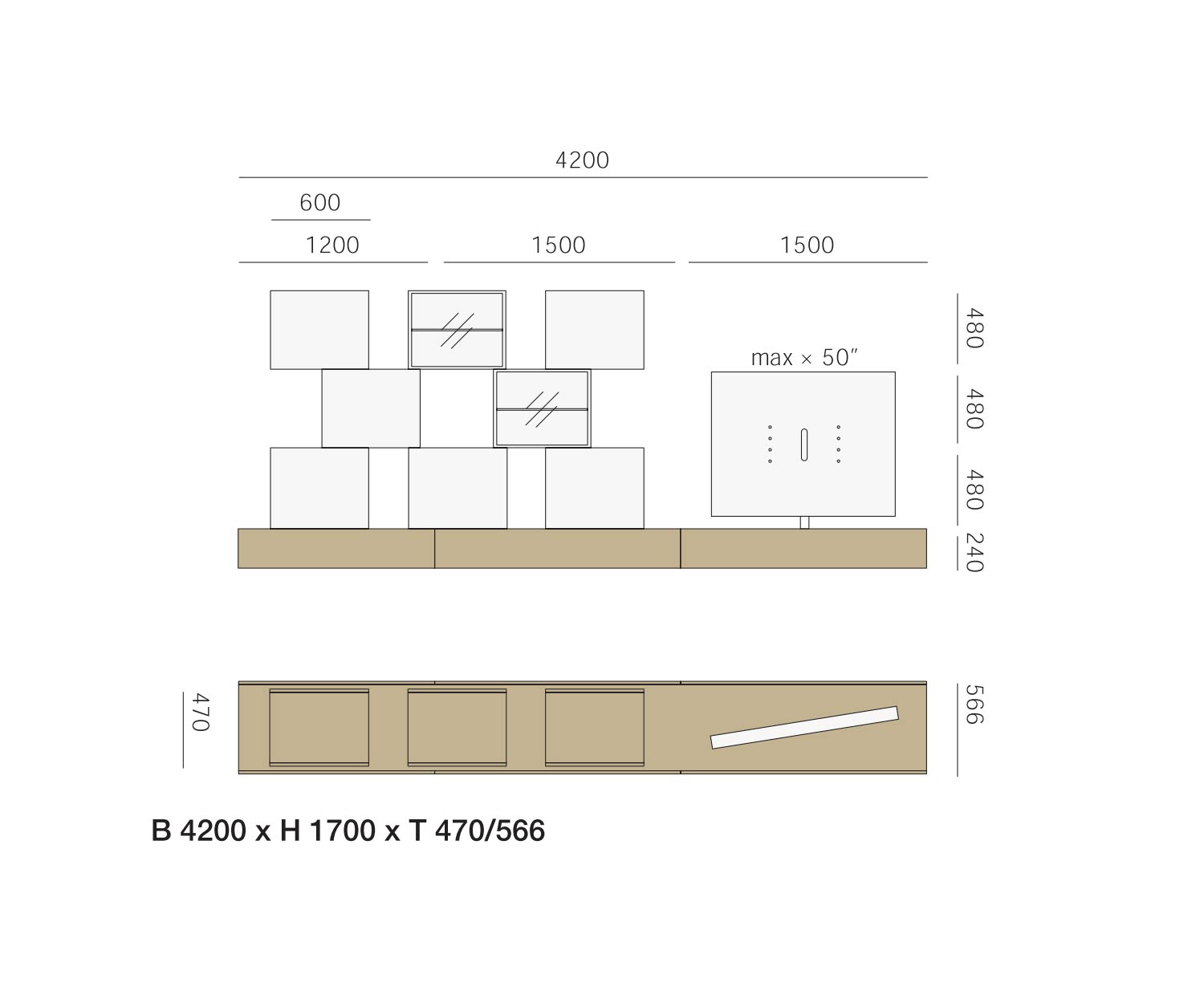 Livitalia Meuble-paroi design C46 Dimensions Dimensions Esquisse