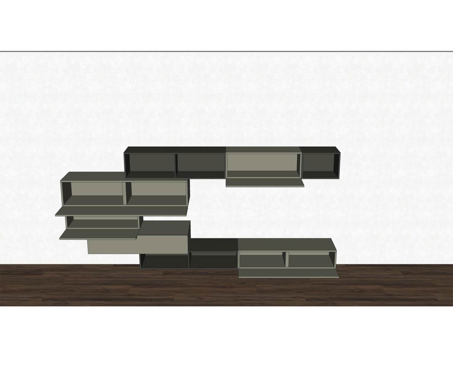 Floating design wall unit with open elements in coloured markings