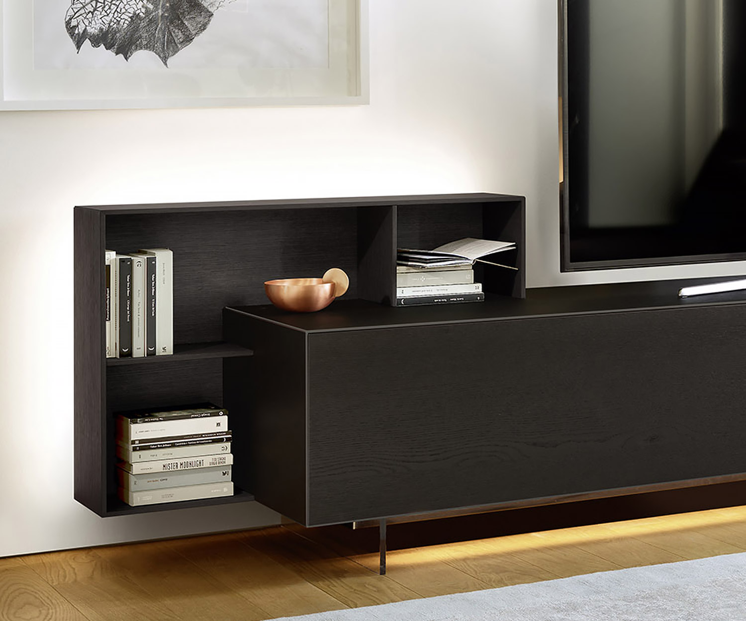 Exklusive Design Wohnwand C08 von Livitalia mit Regal in Schwarz Matt lackiert
