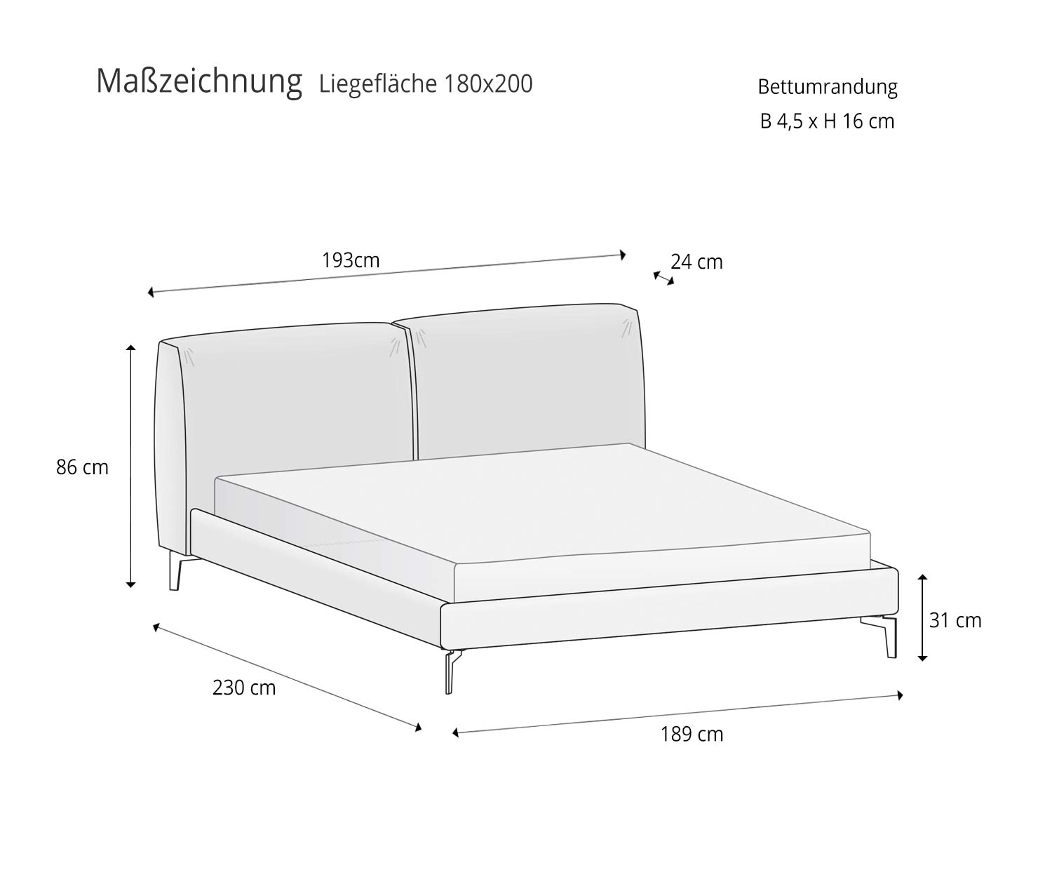 Novamobili Designer Bett Margot Skizze Größe Größenangaben 180x200 Liegefläche