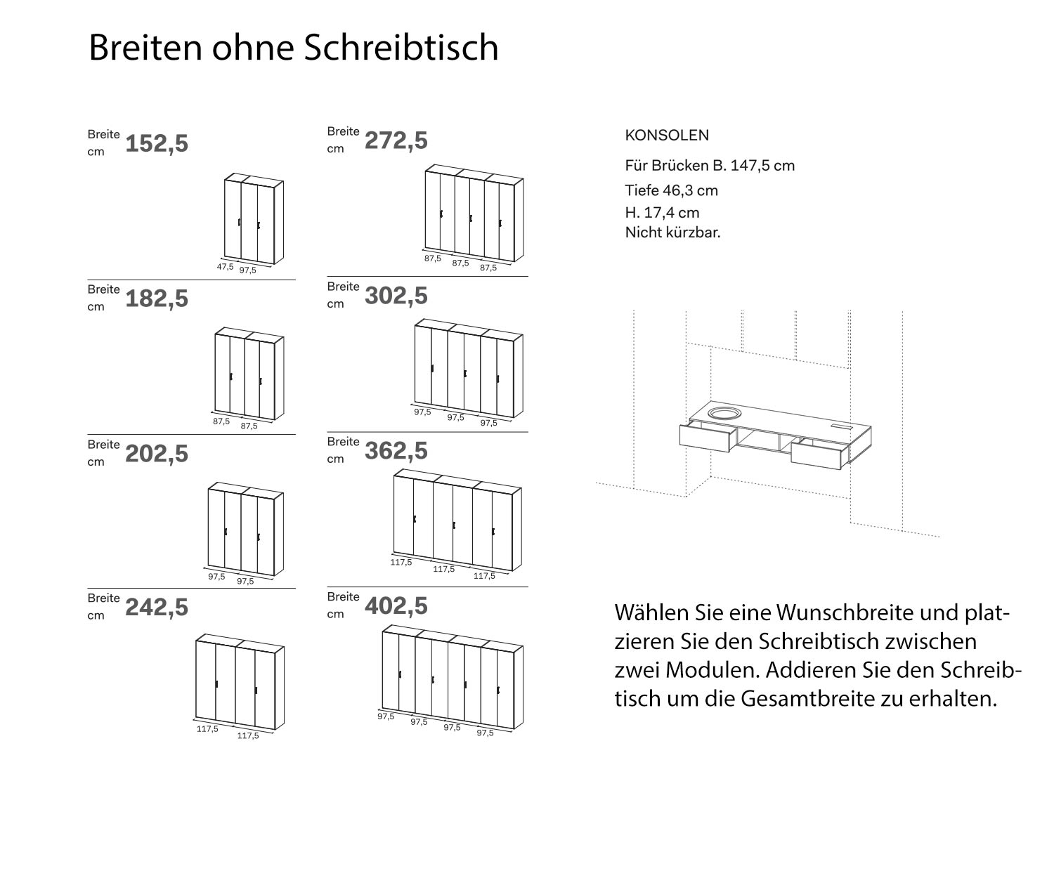 Kleiderschrank mit Schreibtisch Gesamtbreite Skizze Maße Größen