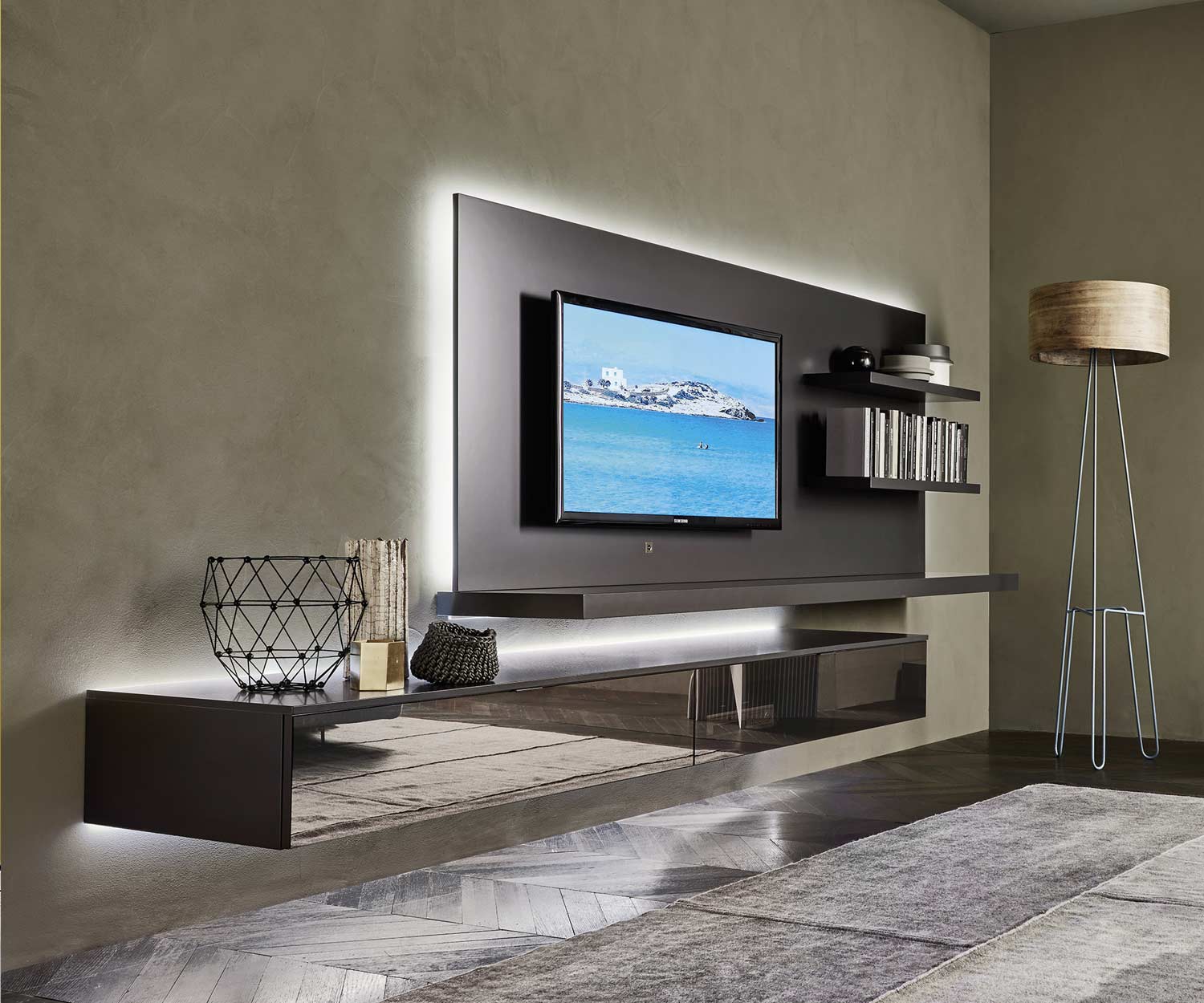 Exklusives Livitalia TV Design Wandpaneel in Dunkelgrau Matt
