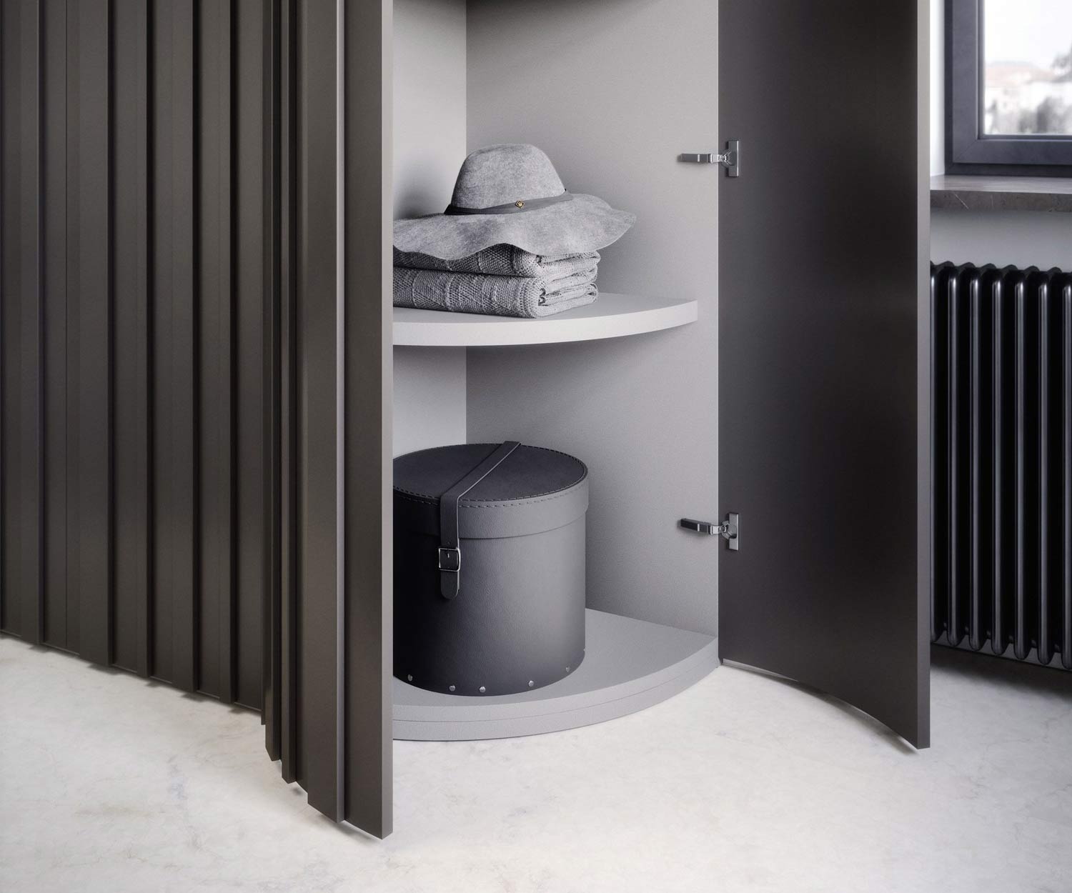Design kledingkast Alfa Curvo geen hoeken hout donker rustiek modern luxe