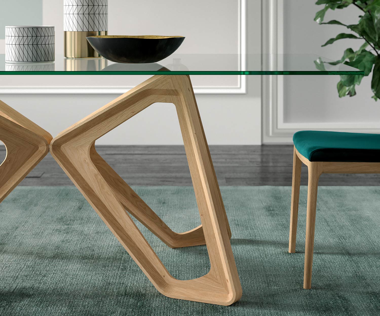 Moderner Papillon Design Glastisch von Ozzio Detail Glasplatte Gestell Standfuß massiv