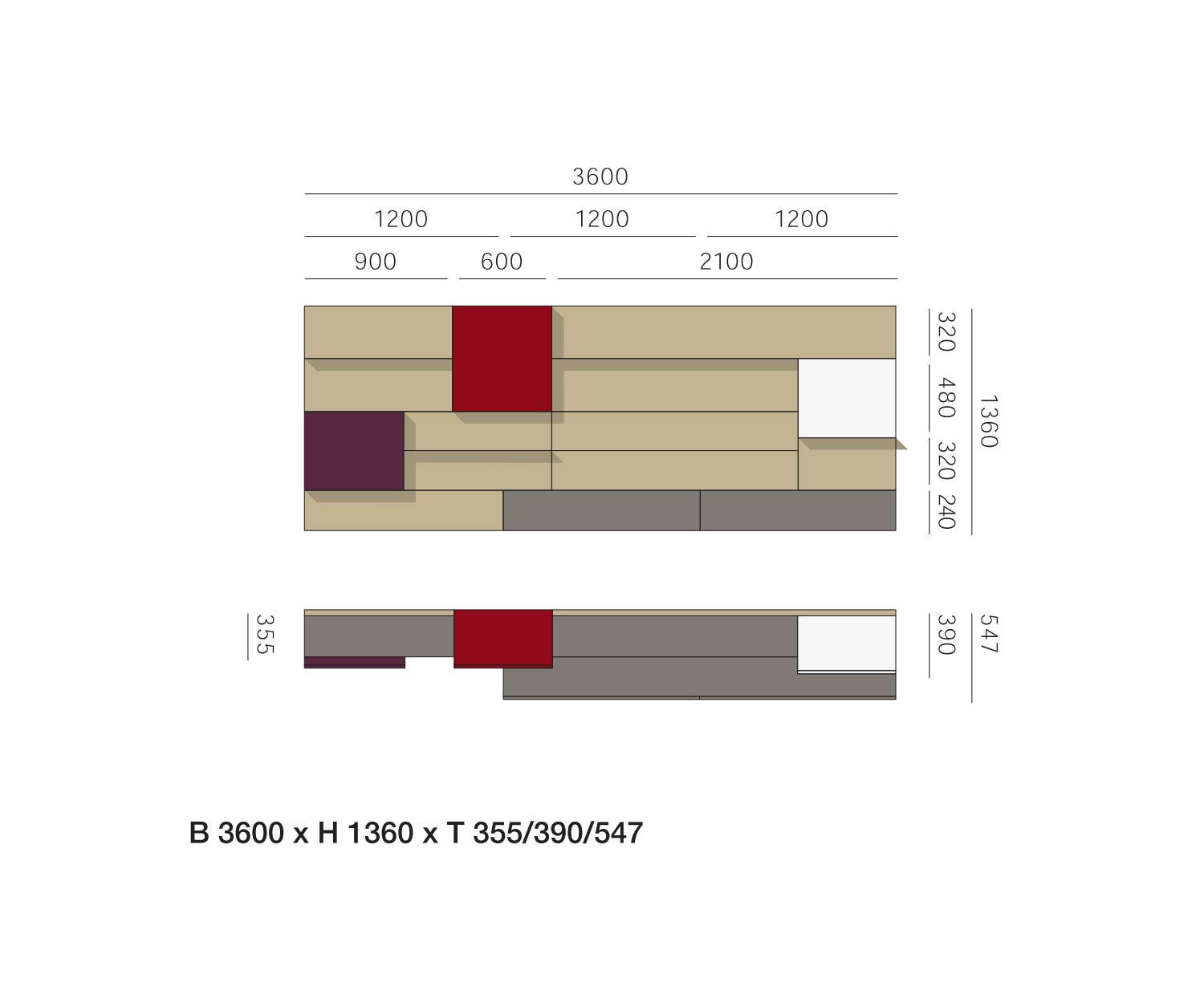 Livitalia Design wandmeubel C37 Schets Afmetingen Maatspecificaties