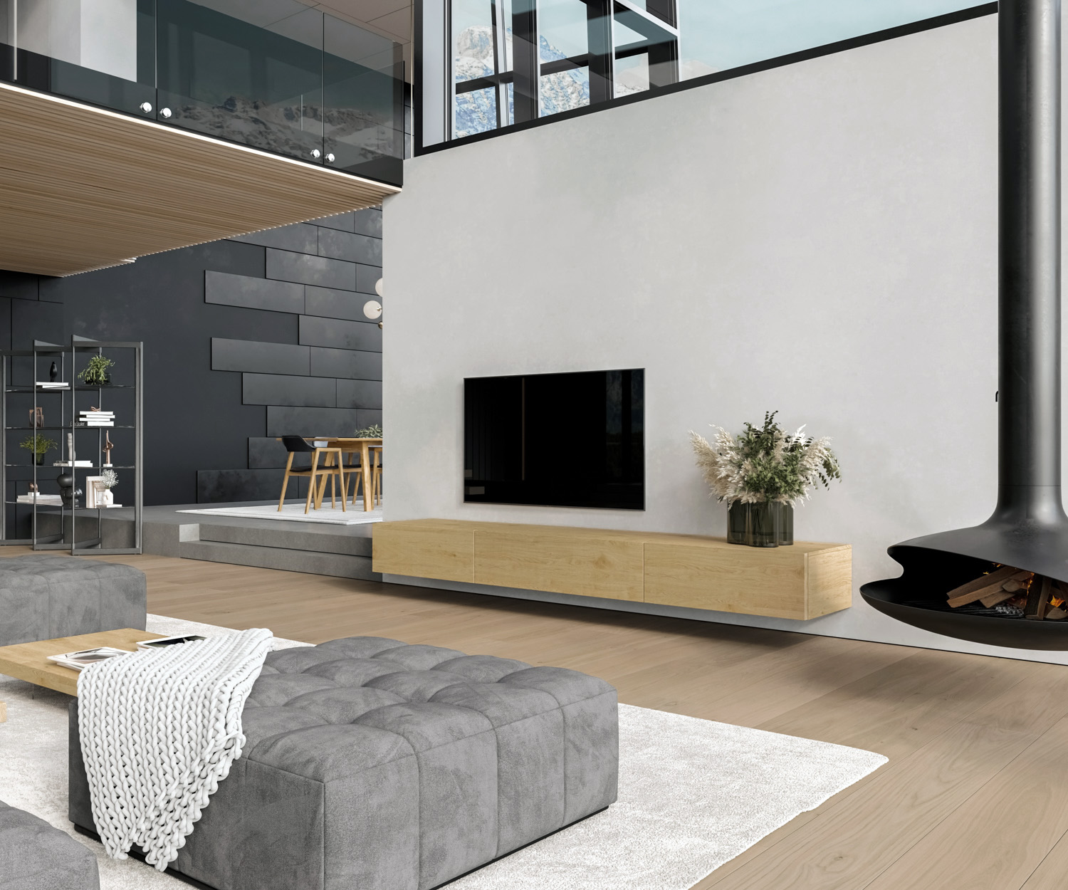 Design Holz TV Lowboard haengend schwebend konfigurator Eiche Natur Hell