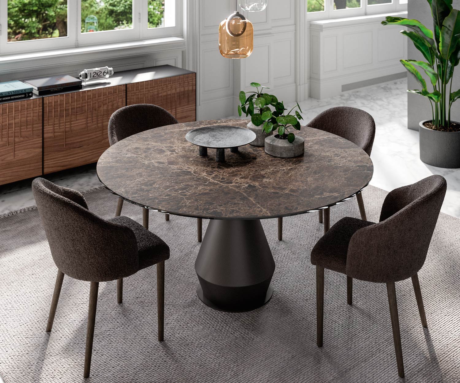 OzzioLycos T203 Tavolo da pranzo rotondo di design in rovere chiaro nero
