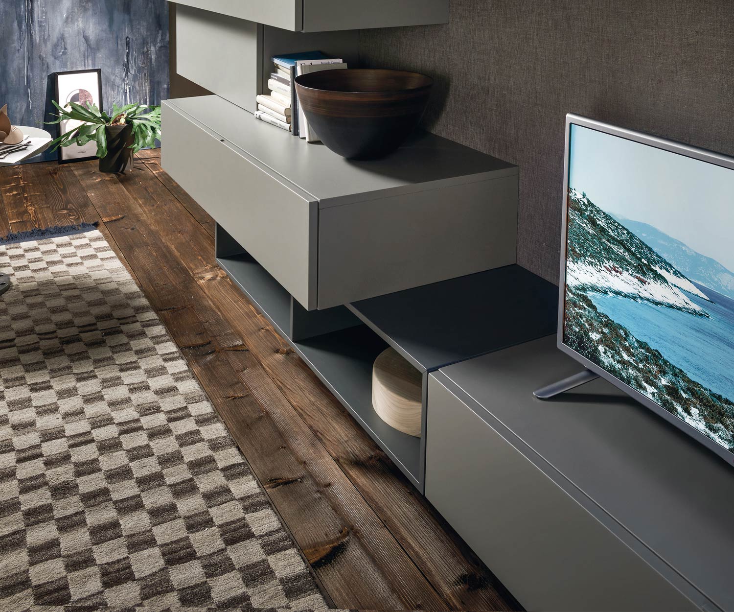 Schwebende Livitalia Design Wohnwand C02 mit Hängeschränken in Grau