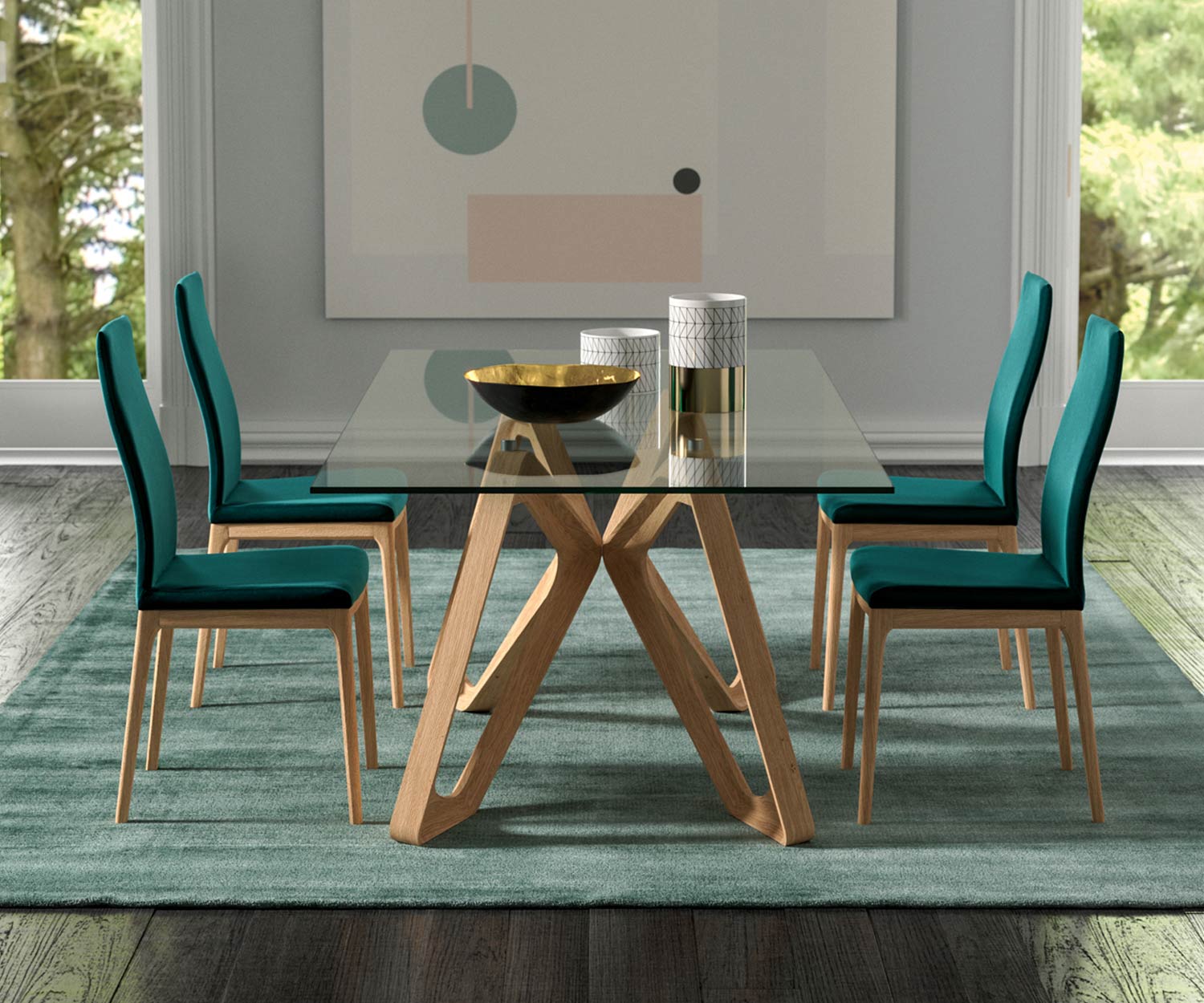 Exklusiver Ozzio Papillon Design Glastisch T253 Beine Massivholz in heller Eiche natur