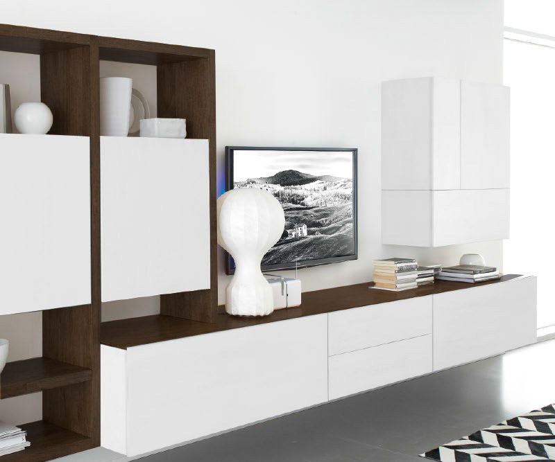 Exklusive Livitalia Design Wohnwand C96B in Weiß Matt Eiche Braun