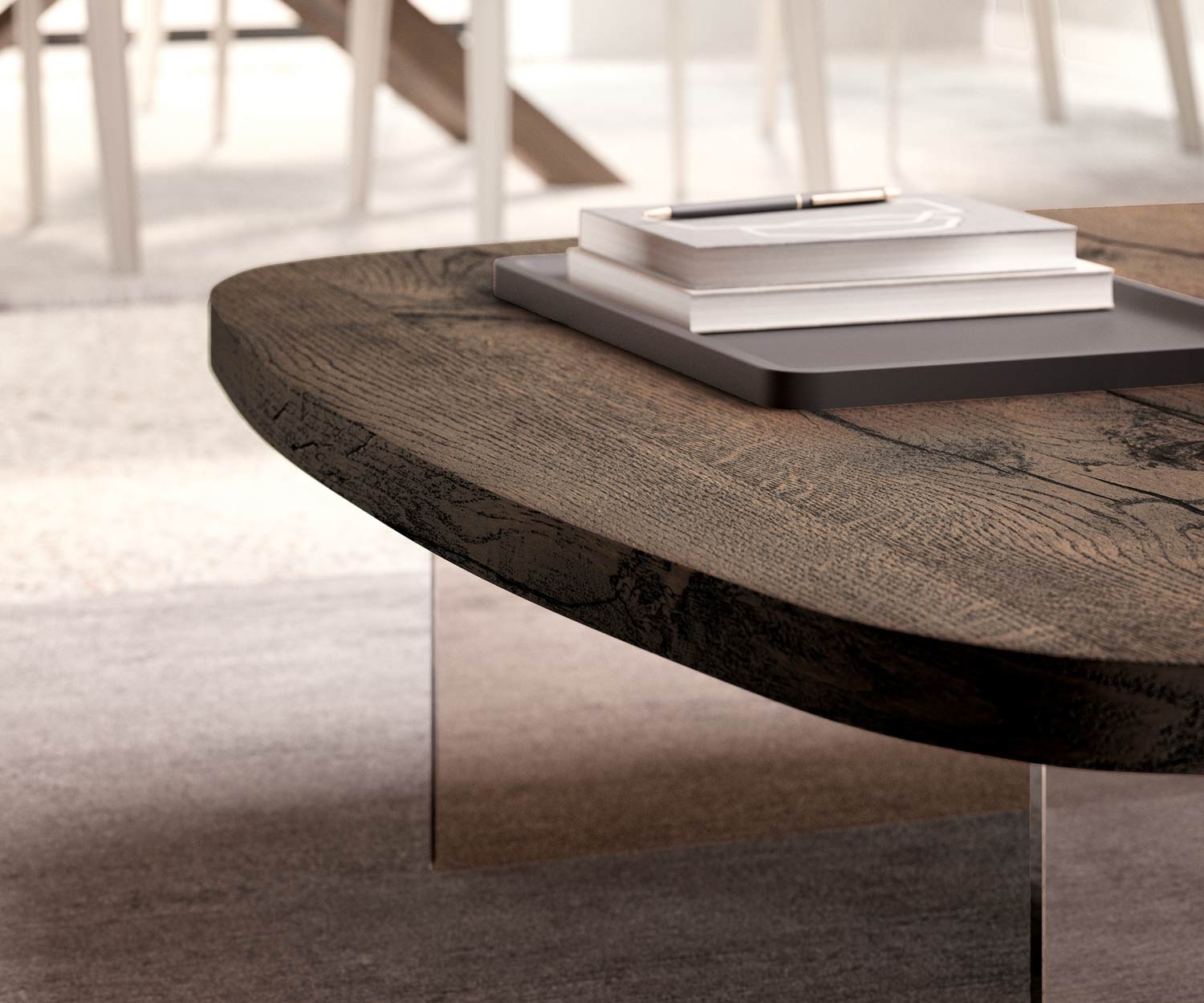 Modern design salontafel glazen poten licht eiken naturel tafelblad