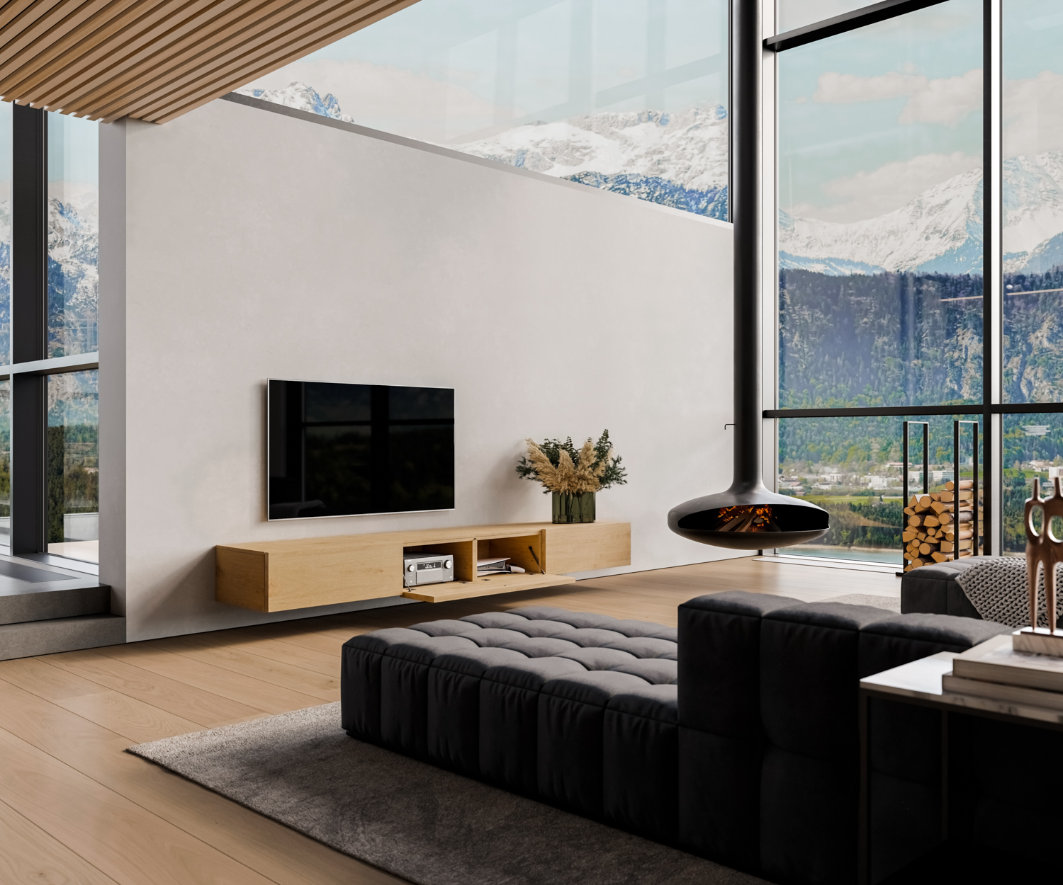 TV Lowboard Holz an Wand mit offener Klapptuer ohne griffe