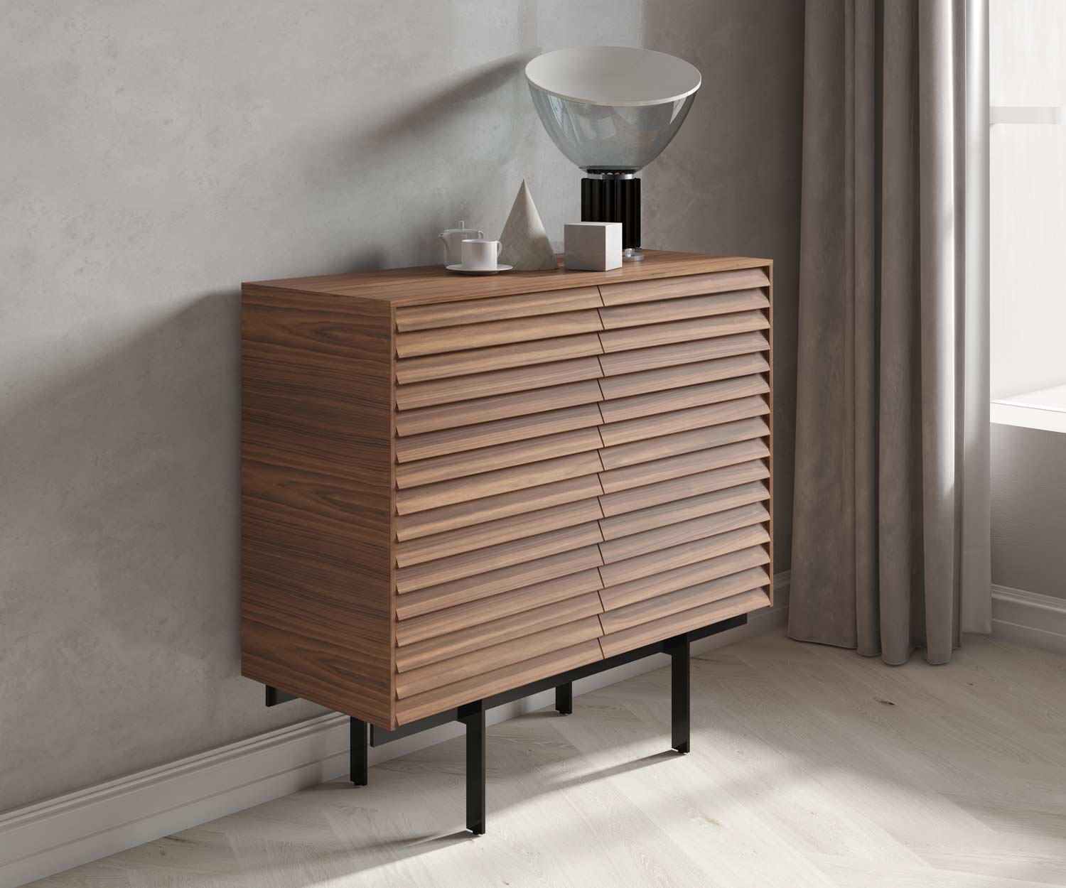 Design Konfigurator mit 2 Modulen als Highboard zusammengestellt mit Walnuss furniert
