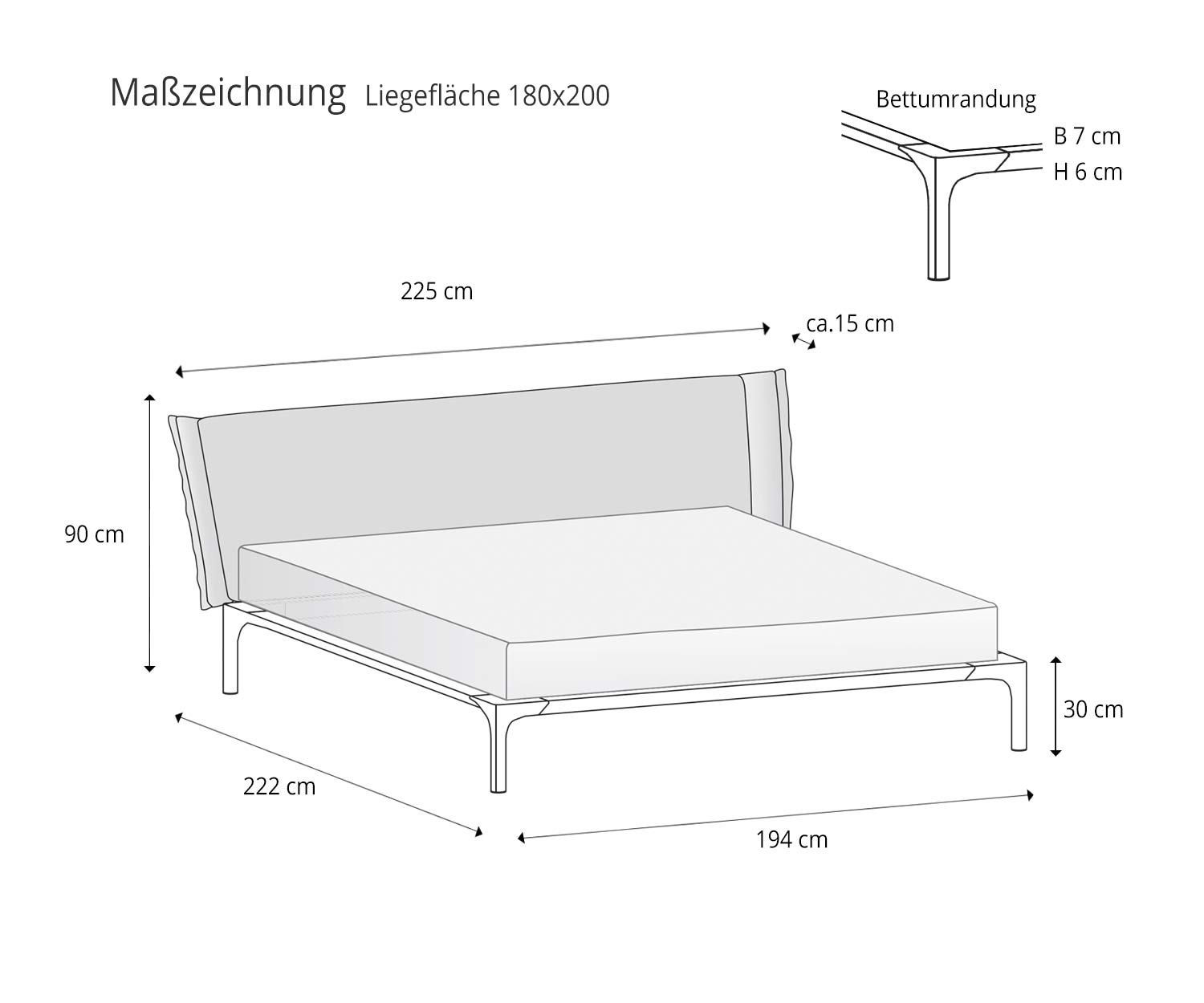 Liegefläche 180x200 Design Bett Park von Novamobili Skizze Größen Maße