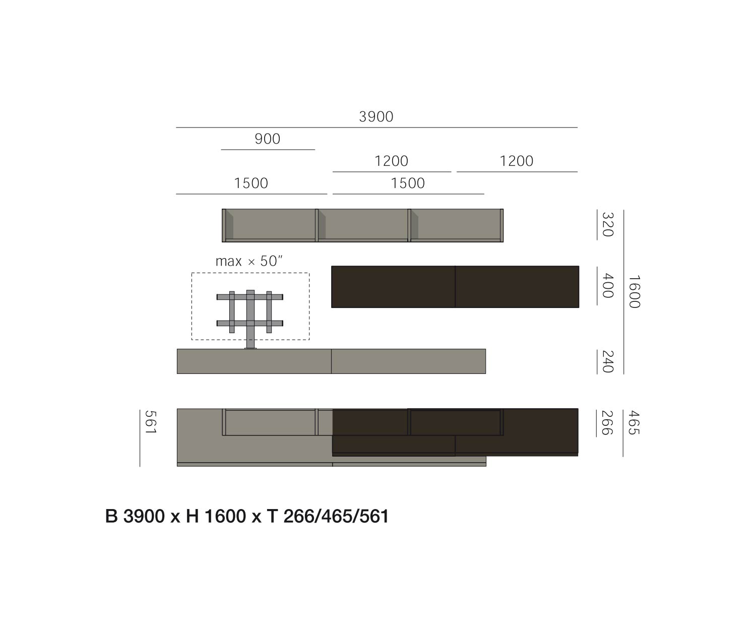 Livitalia Meuble-paroi design C60 Dimensions Esquisse Dimensions