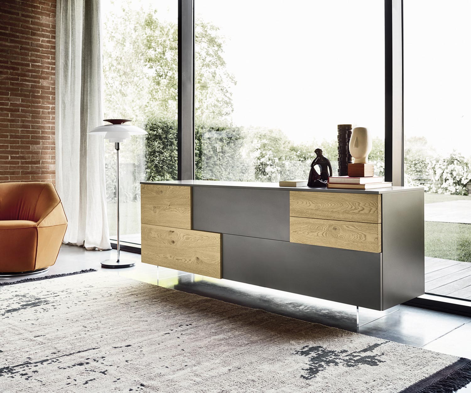Exklusives Livitalia Design Sideboard Incontro matter Lack Dunkelgrau Eiche Echtholz