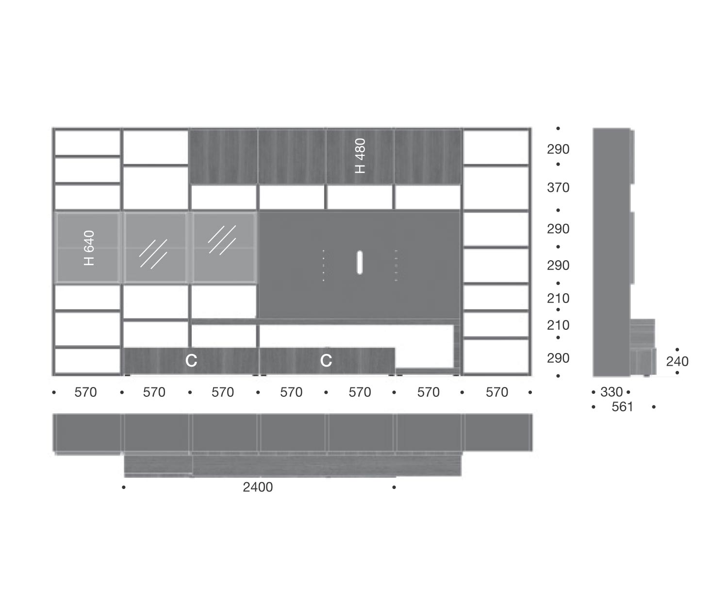 Livitalia Bibliothèque design C58 Dimensions Esquisse Dimensions