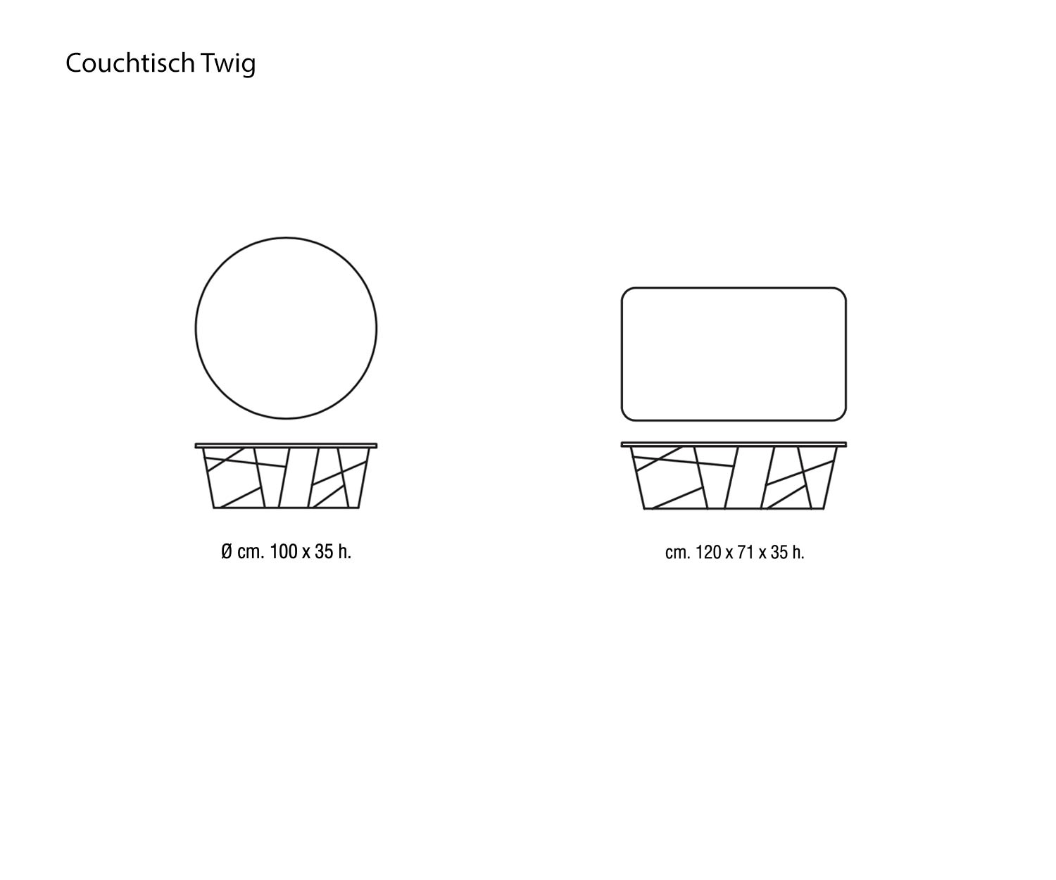 Design Kaffeetisch Twig von Marelli Größen Größenangaben Maße Skizze