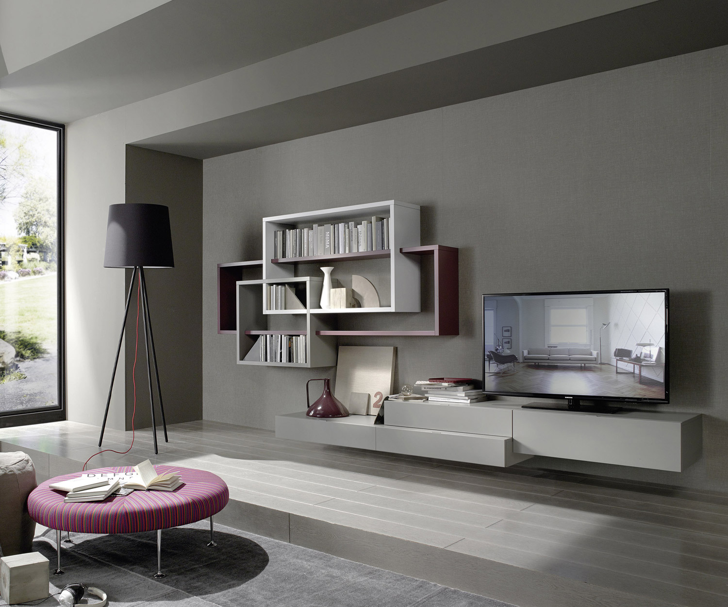 Exklusive Livitalia Design Wohnwand C59 mit Bücherregal hängend