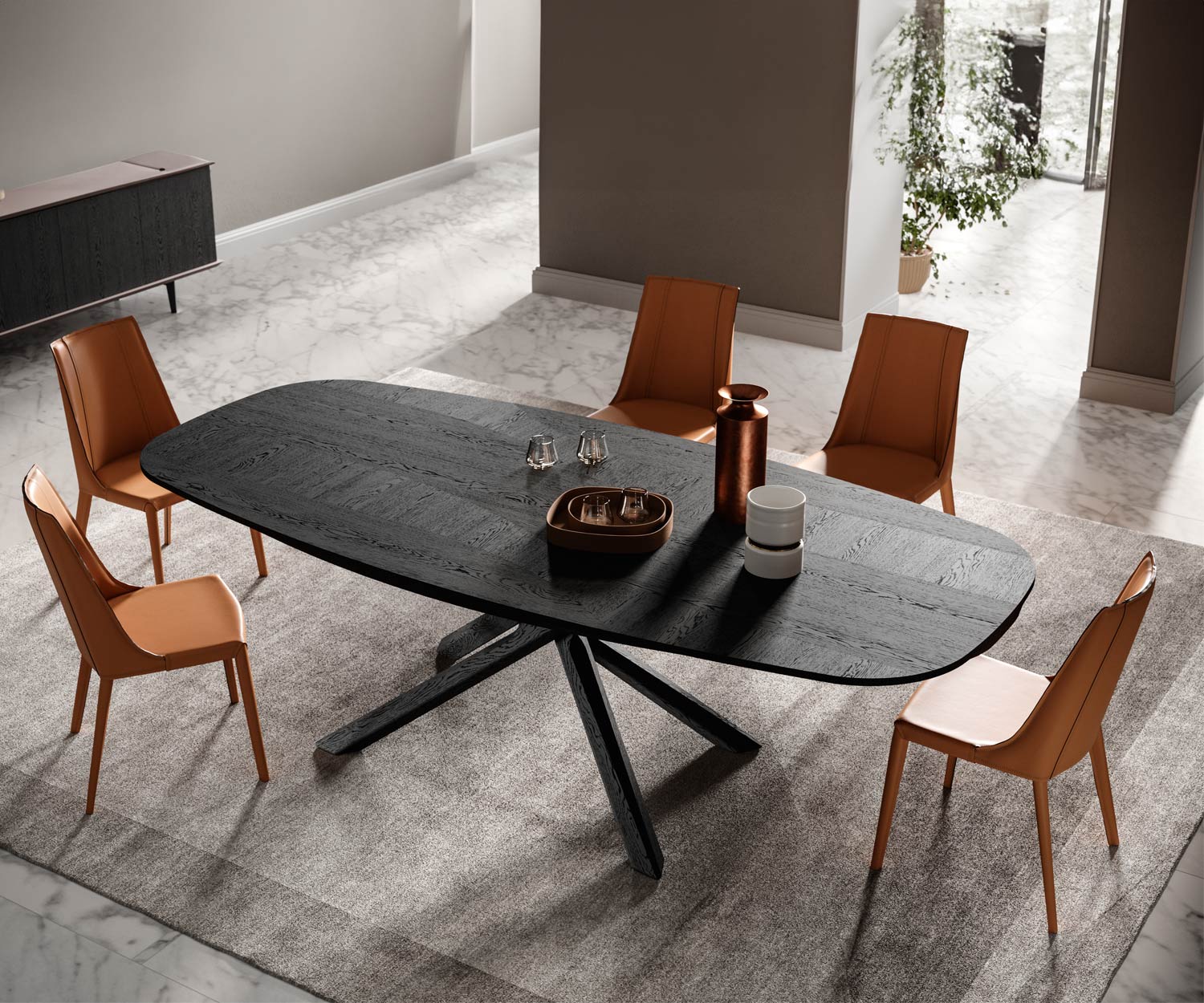 Ozzio_Arizona Fisso T257 Esstisch mit cross kreuz beinen Schwarz Holz Eiche