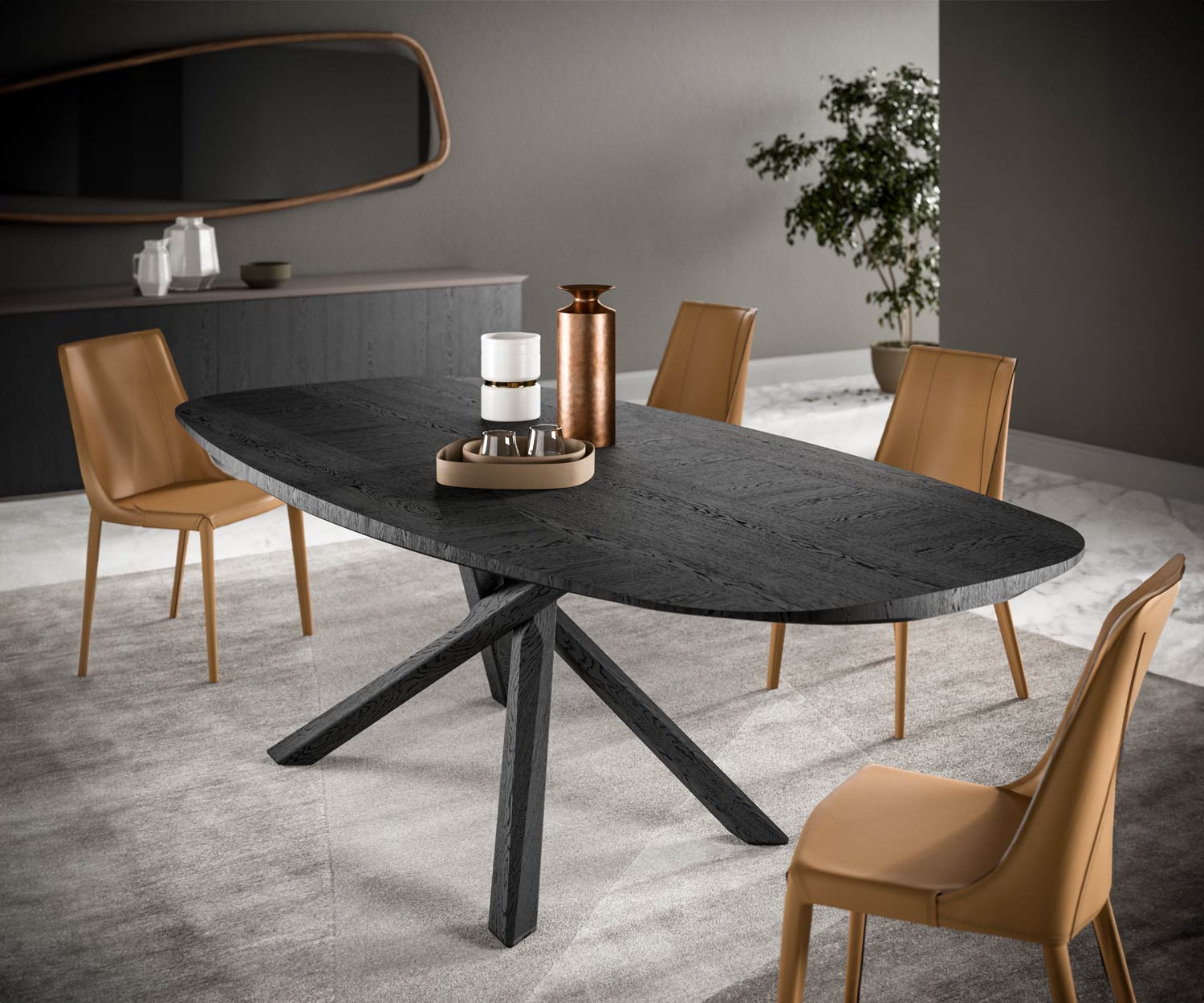 Ozzio_Arizona Fisso T257 Esstisch mit cross kreuz beinen Schwarz Holz Eiche