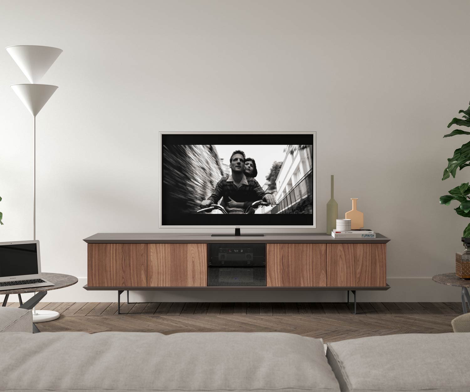 TV Lowboard mit Glastuer fuer Technik