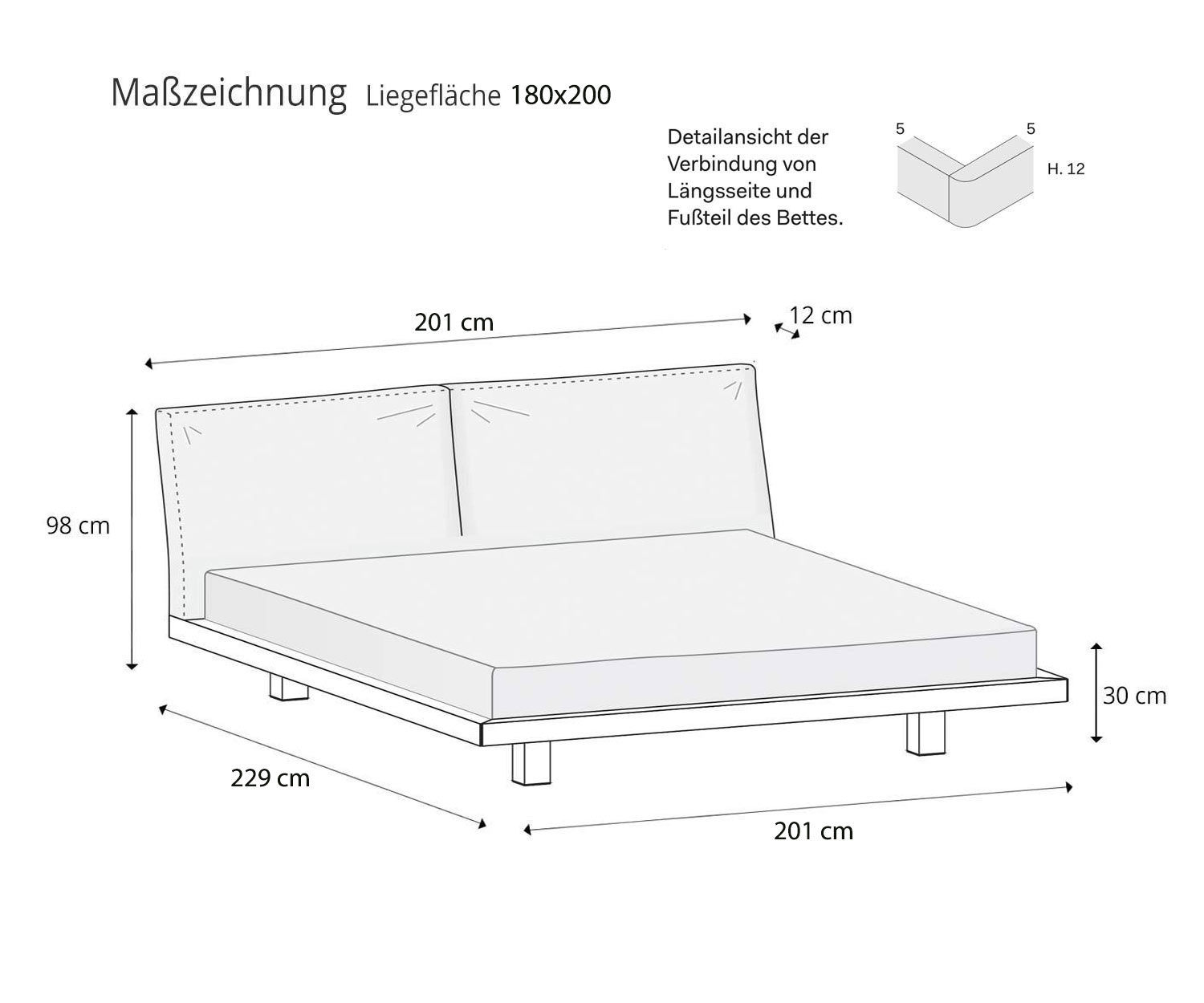 Novamobili Bett Nido Maße Größen Größenangaben Aufbau Skizze Maße 180