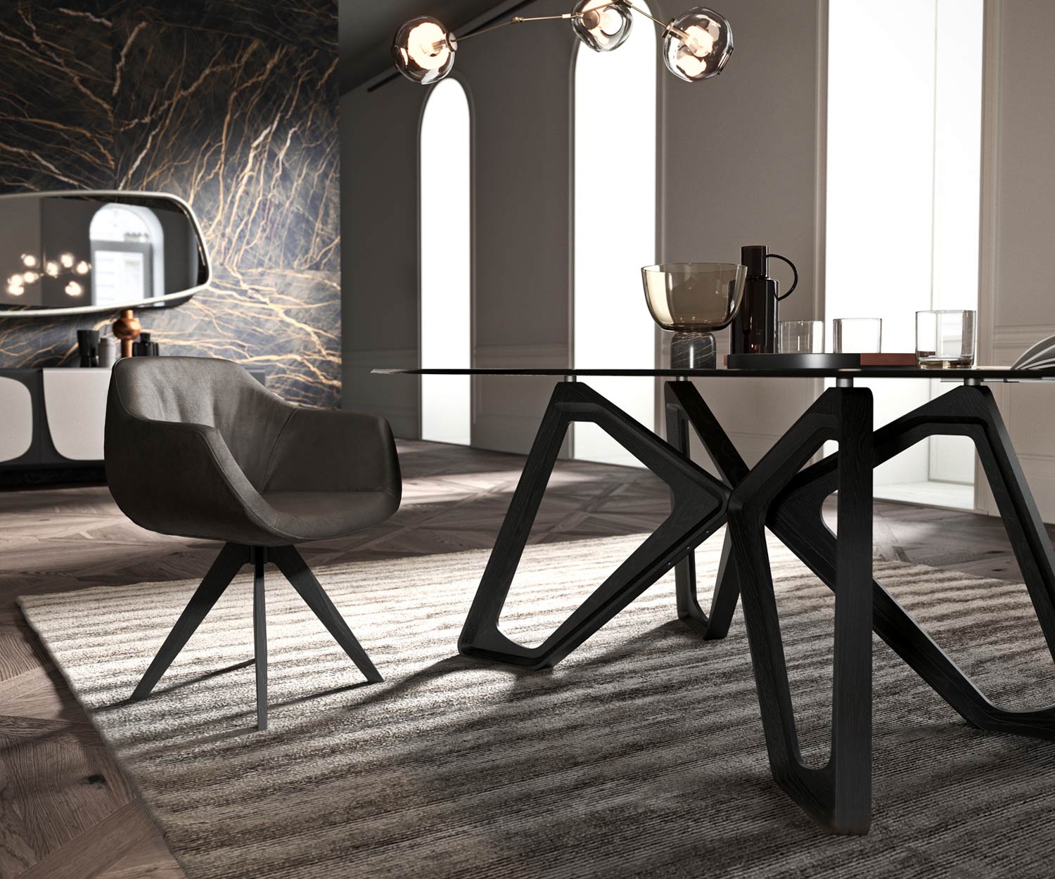 Wohnzimmer Tisch Ozzio Papillon Glas Tischplatte Gestell in dunkler Eiche