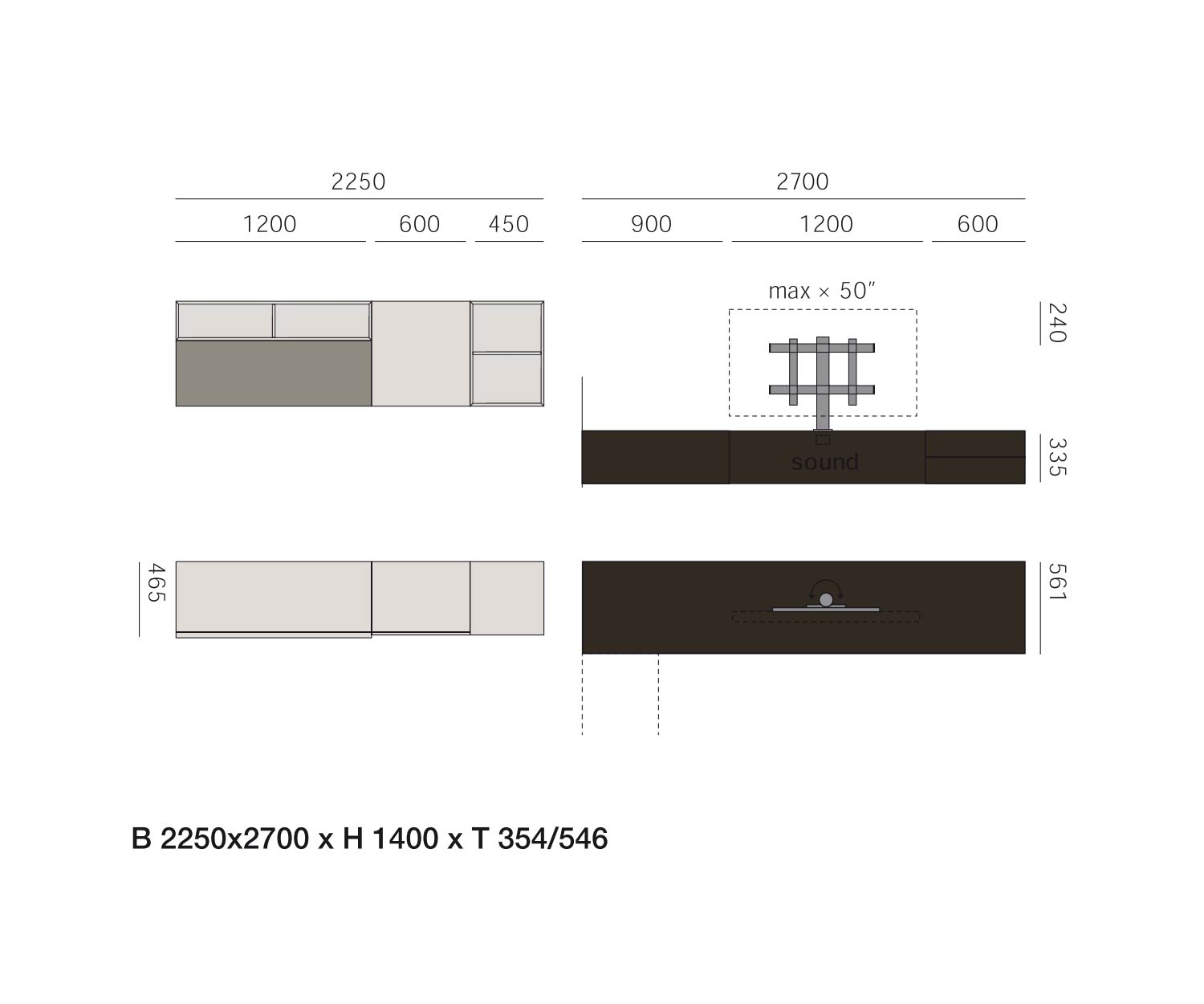 Livitalia Design wandmeubel C51 Afmetingen Schets Maten
