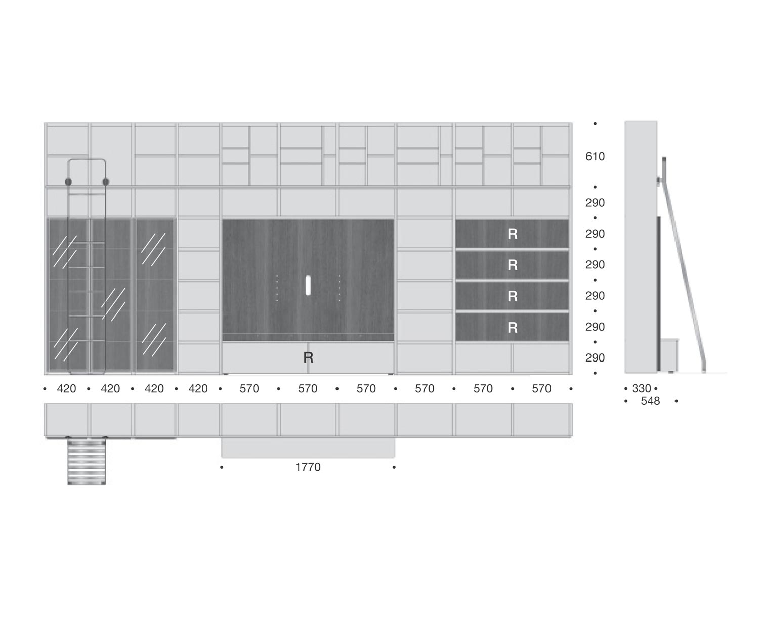 Étagère à livres design avec échelle C60 Esquisse Dimensions Dimensions