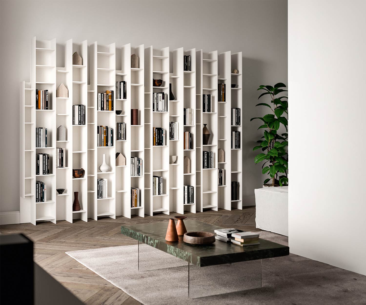 Ozzio Byblos X026 schmales Design Wand regal mit vielen kleinen einlegeboeden verschachtelt