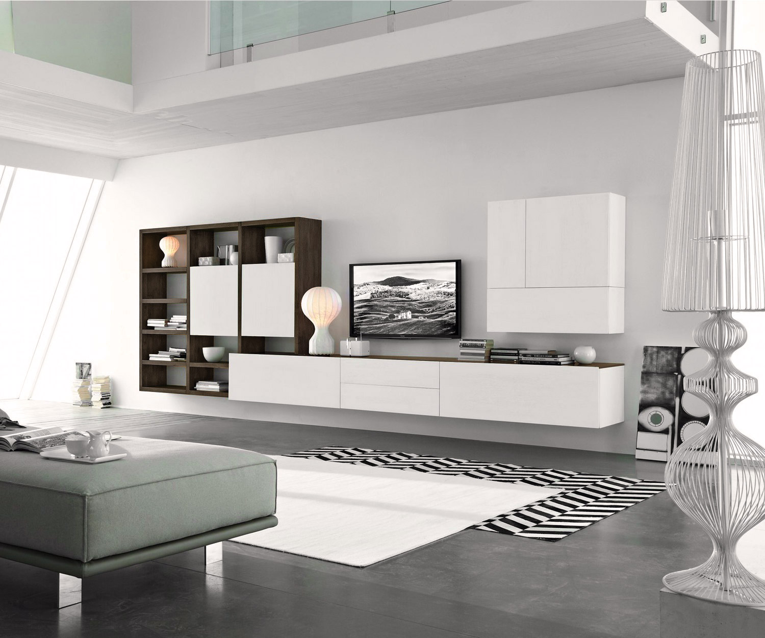Exklusive Livitalia Design Wohnwand C96B in Weiß Matt Eiche Braun