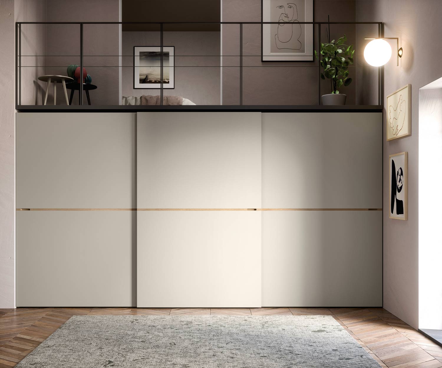 Novamobili Designer Kleiderschrank Middle Schiebetüren Beige mit Miele Griff 400 cm