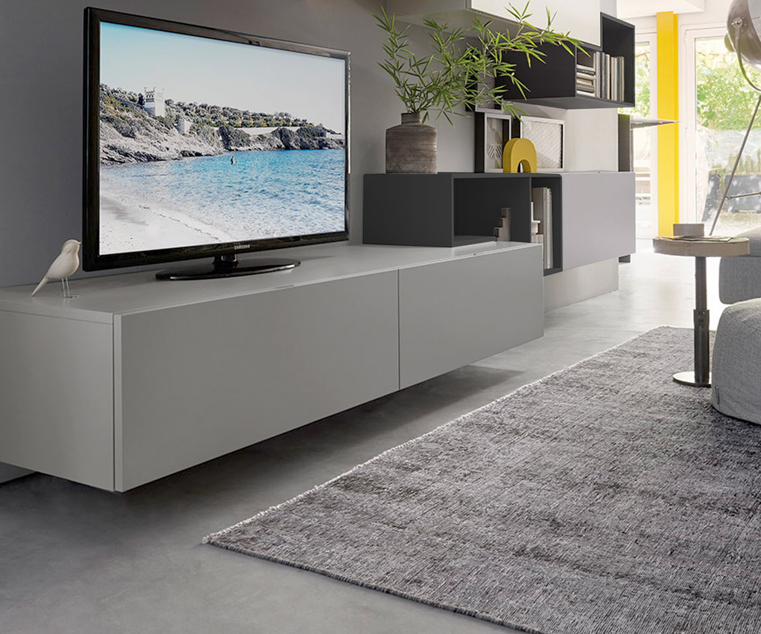 Tetris design wandmeubel C19 met TV-design lowboard in grijs mat gelakt