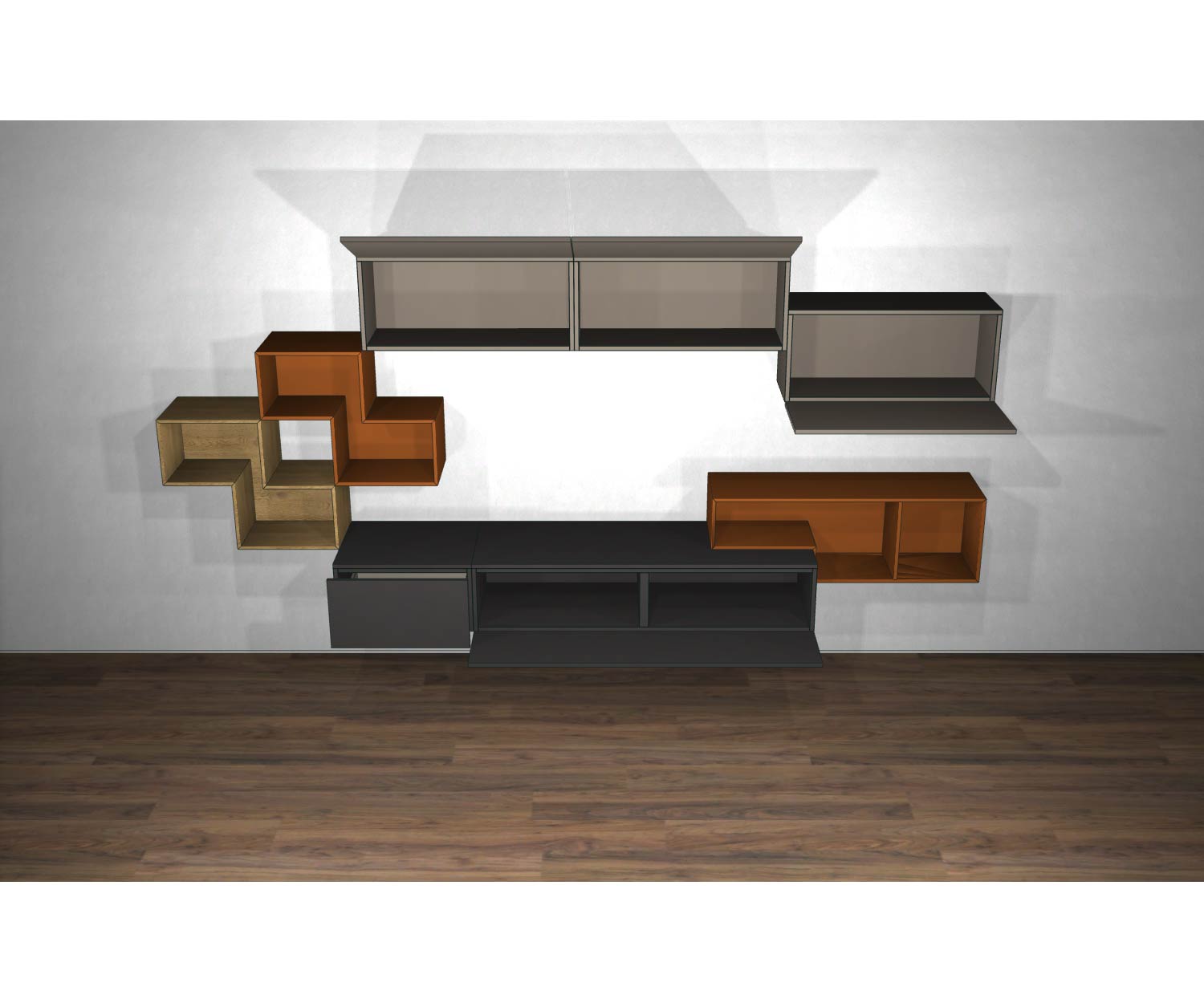 Livitalia Design wall unit C23 sketch with open doors and shelves