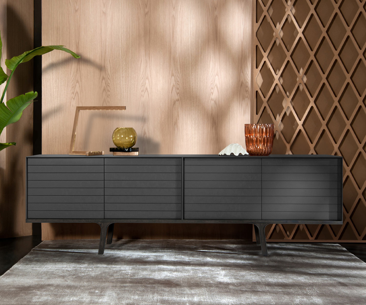 Exklusives al2 Mobius 002 Design Sideboard Eukalyptus Sockel und Füße Dunkelgrau