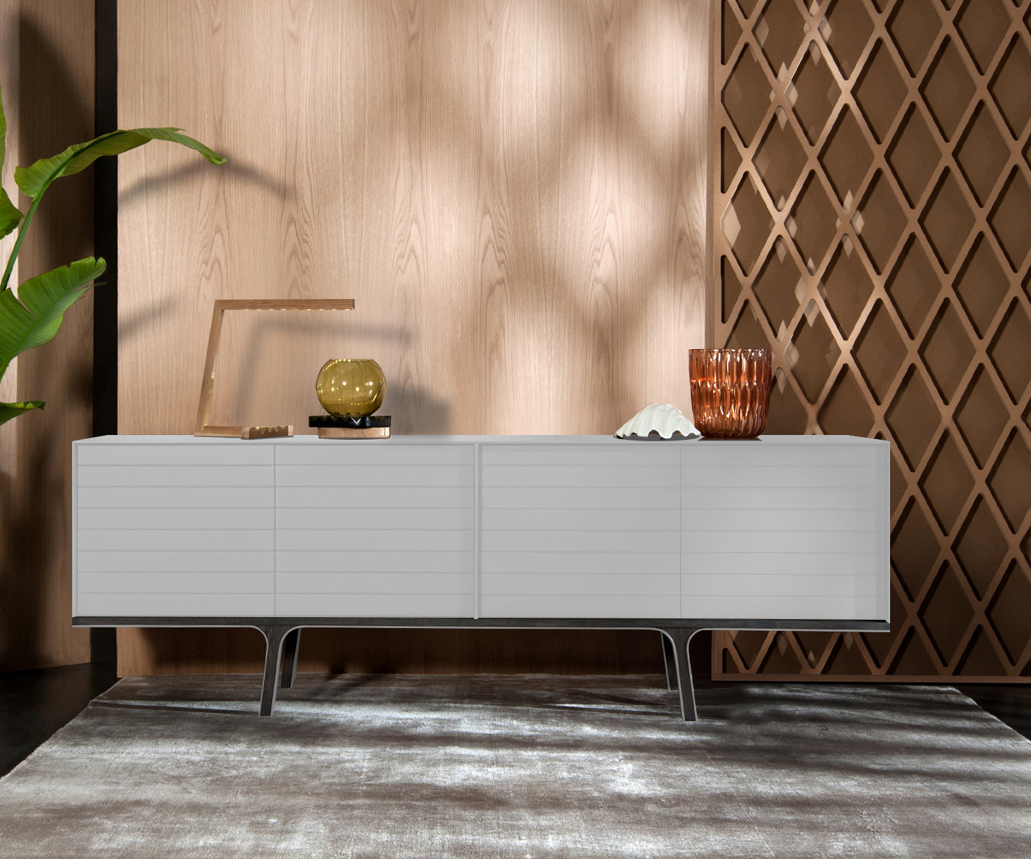 Exklusives al2 Mobius 002 Design Sideboard Eukalyptus Sockel und Füße Dunkelgrau
