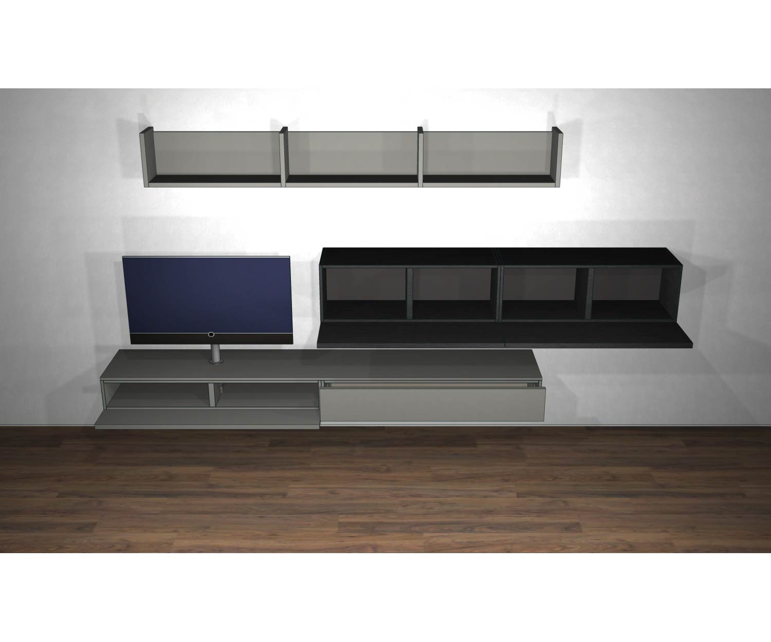 Livitalia Meuble-paroi design C60 Esquisse avec portes ouvertes et éléments blancs