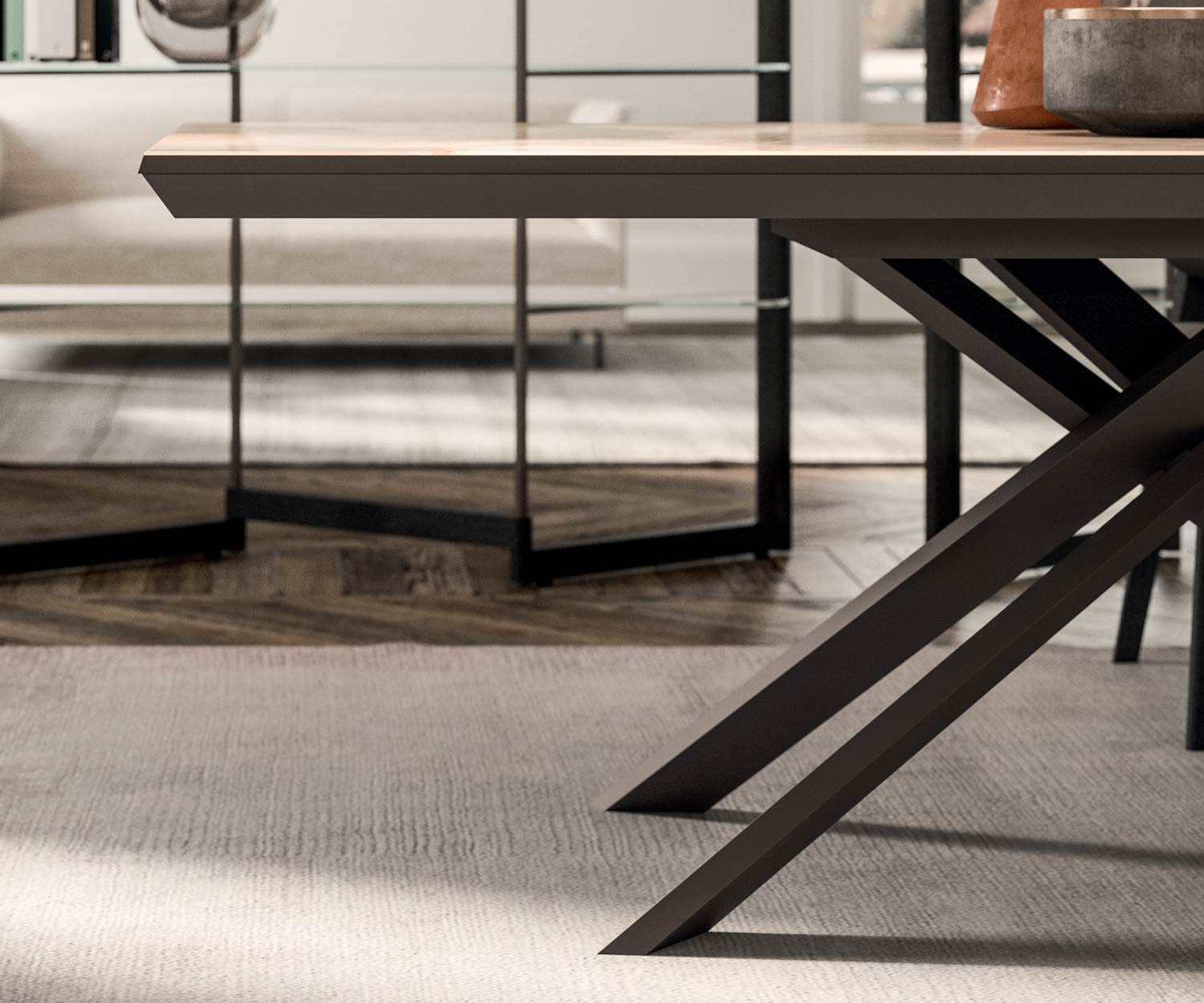 Detail der Tischkante Ozzio Designer Marmor Glas Esstisch