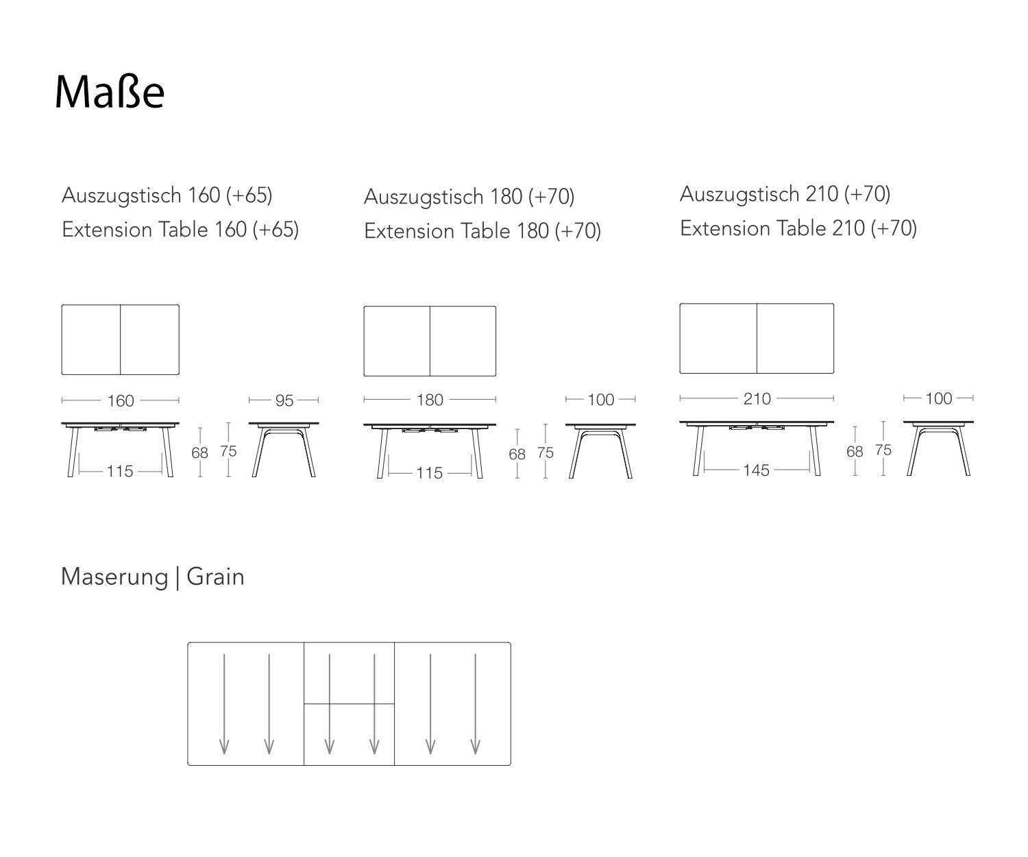 Ausziehbarer Conde House Ten Design Esstisch Maße Skizze Größen Größenangaben